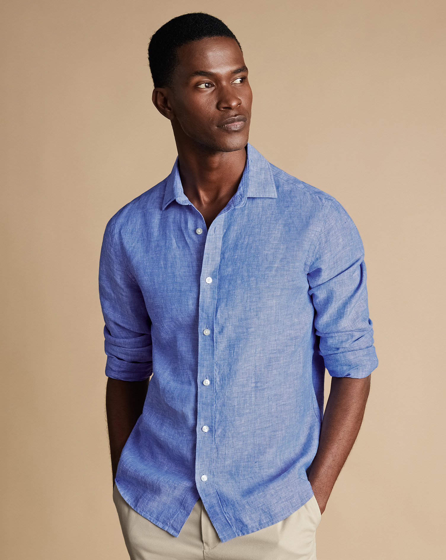 Men's Charles Tyrwhitt Pure Casual Shirt - Cobalt Blue Single Cuff Size Medium Linen
