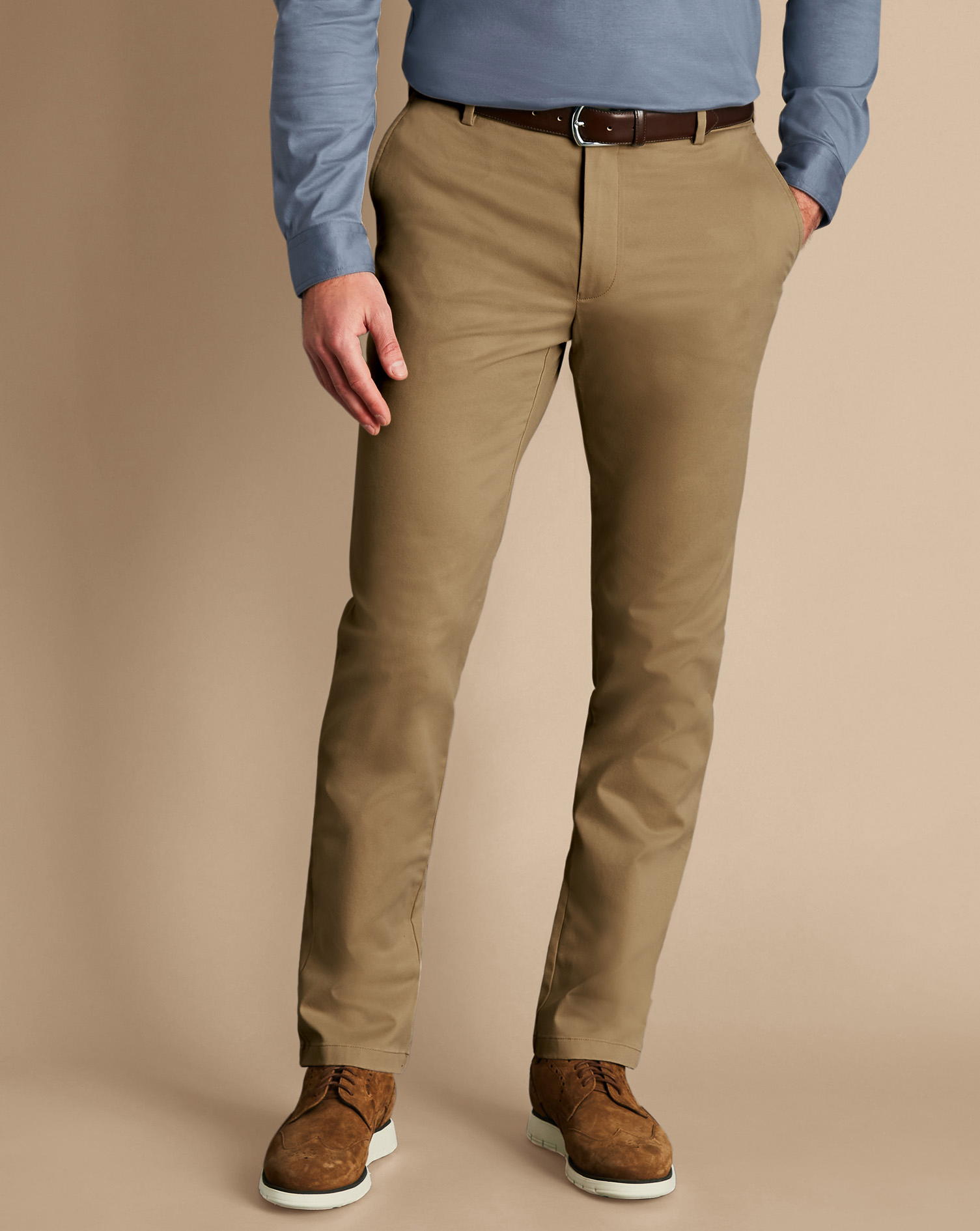 Men's Charles Tyrwhitt Ultimate Non-Iron Chino Pants - Tan Neutral Size W32 L30 Cotton
