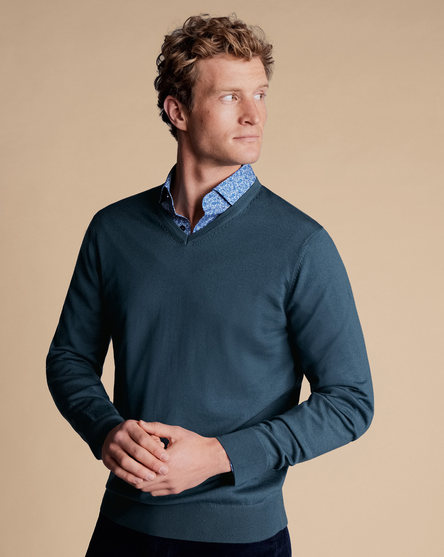 Men's Charles Tyrwhitt Merino V-Neck Sweater - Petrol Blue Size Medium Wool
