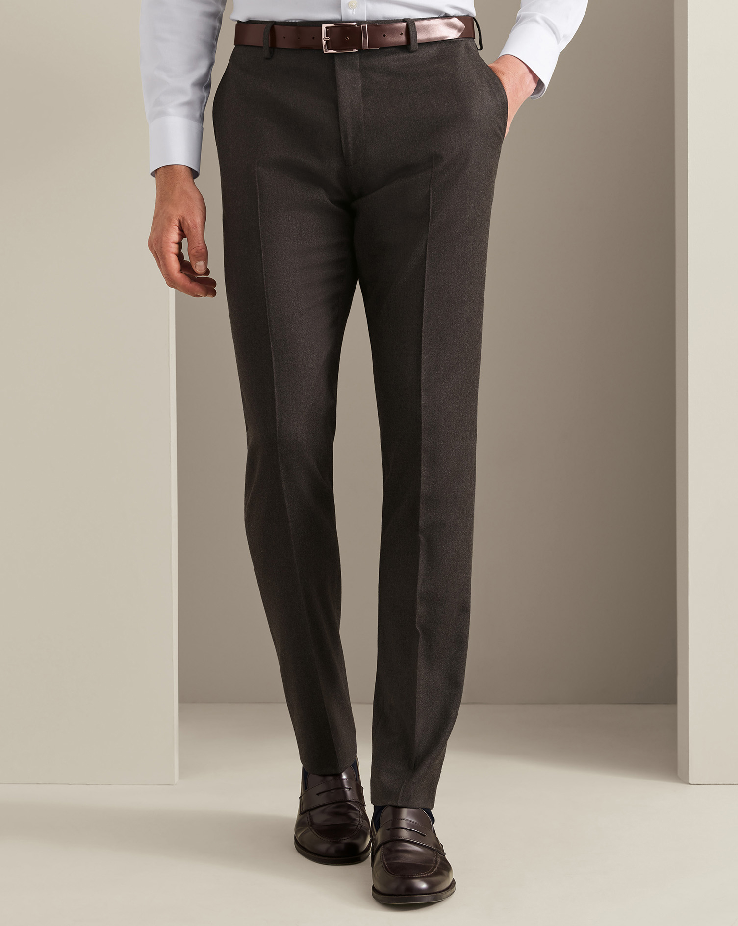 Men's Charles Tyrwhitt Italian Flannel Suit Trousers - Mocha Brown Size 36/34 Wool