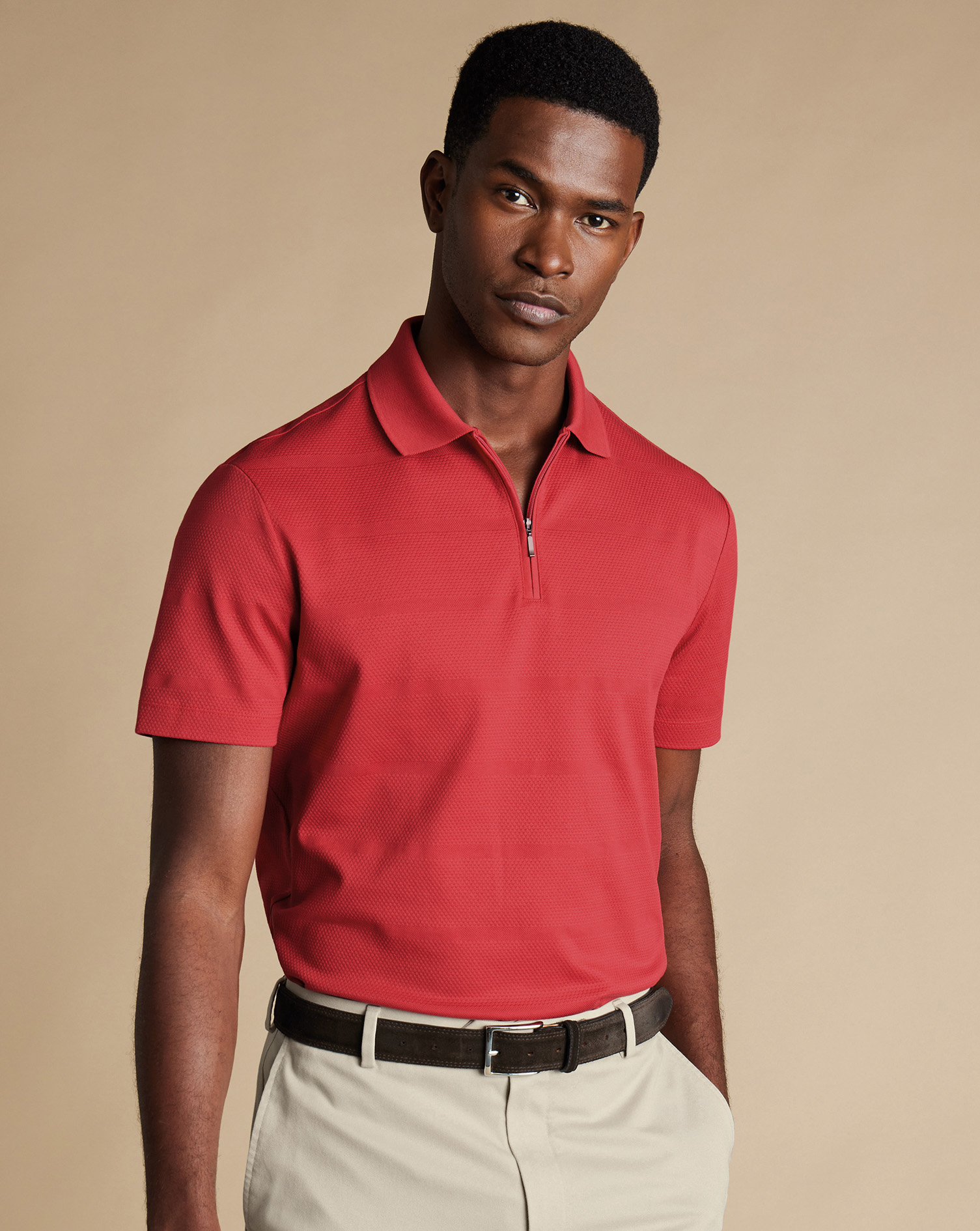 Men's Charles Tyrwhitt Popcorn Textured Tyrwhitt Cool Zip-Neck Stripe Polo Shirt - Coral Pink Size L