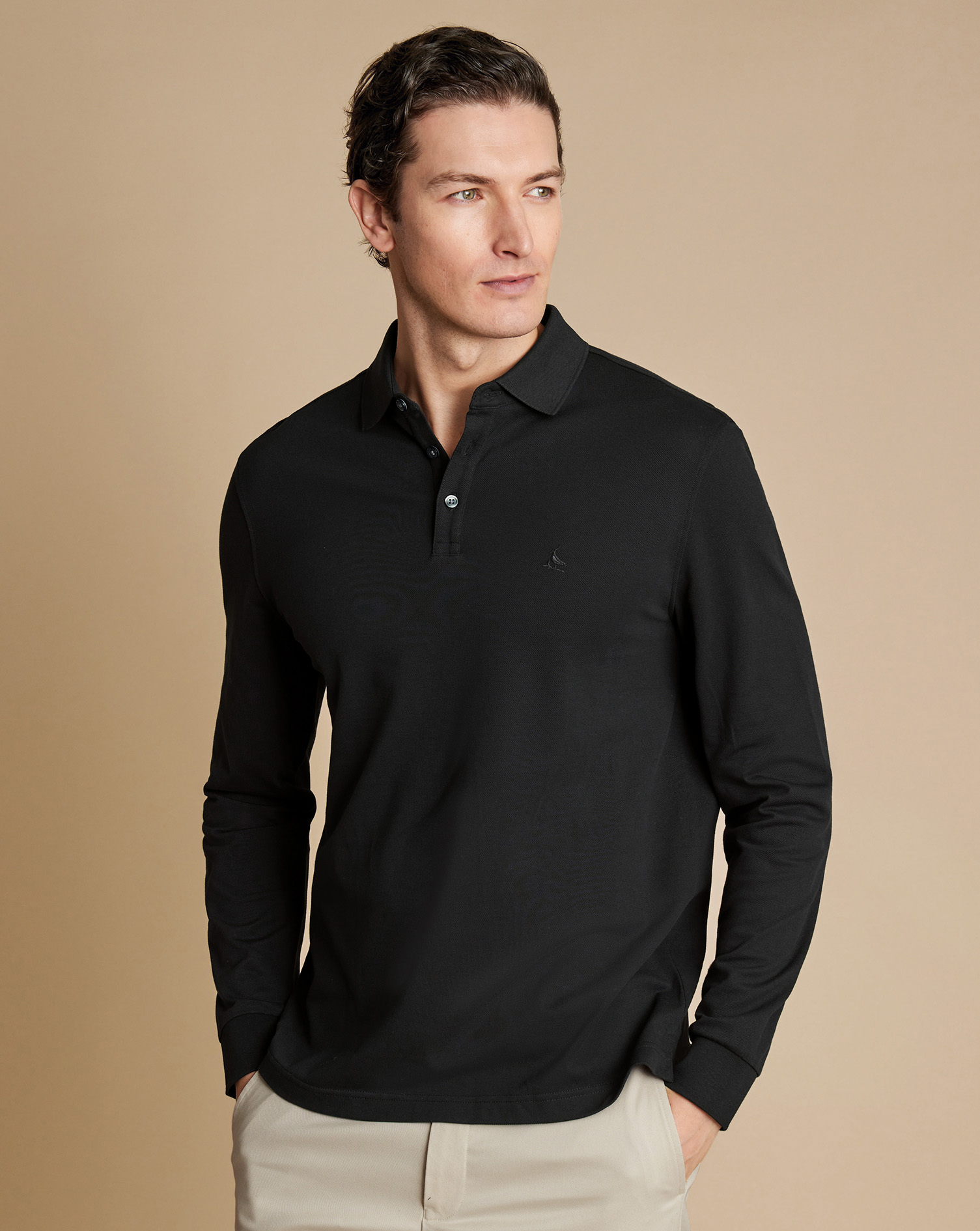 Men's Charles Tyrwhitt Long Sleeve Pique Polo Shirt - Black Size Small Cotton
