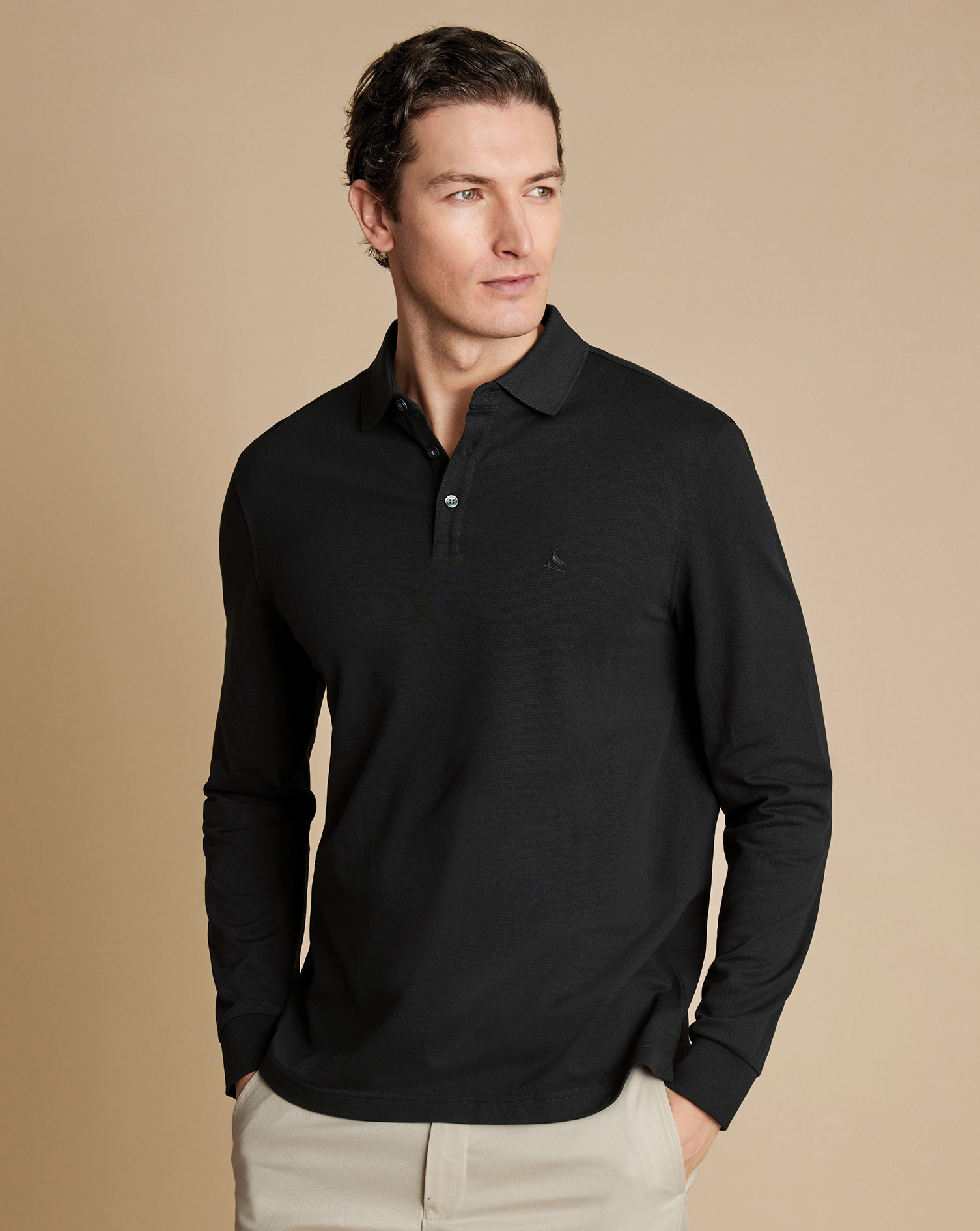 Men's Charles Tyrwhitt Long Sleeve Pique Polo Shirt - Black Size Large ...