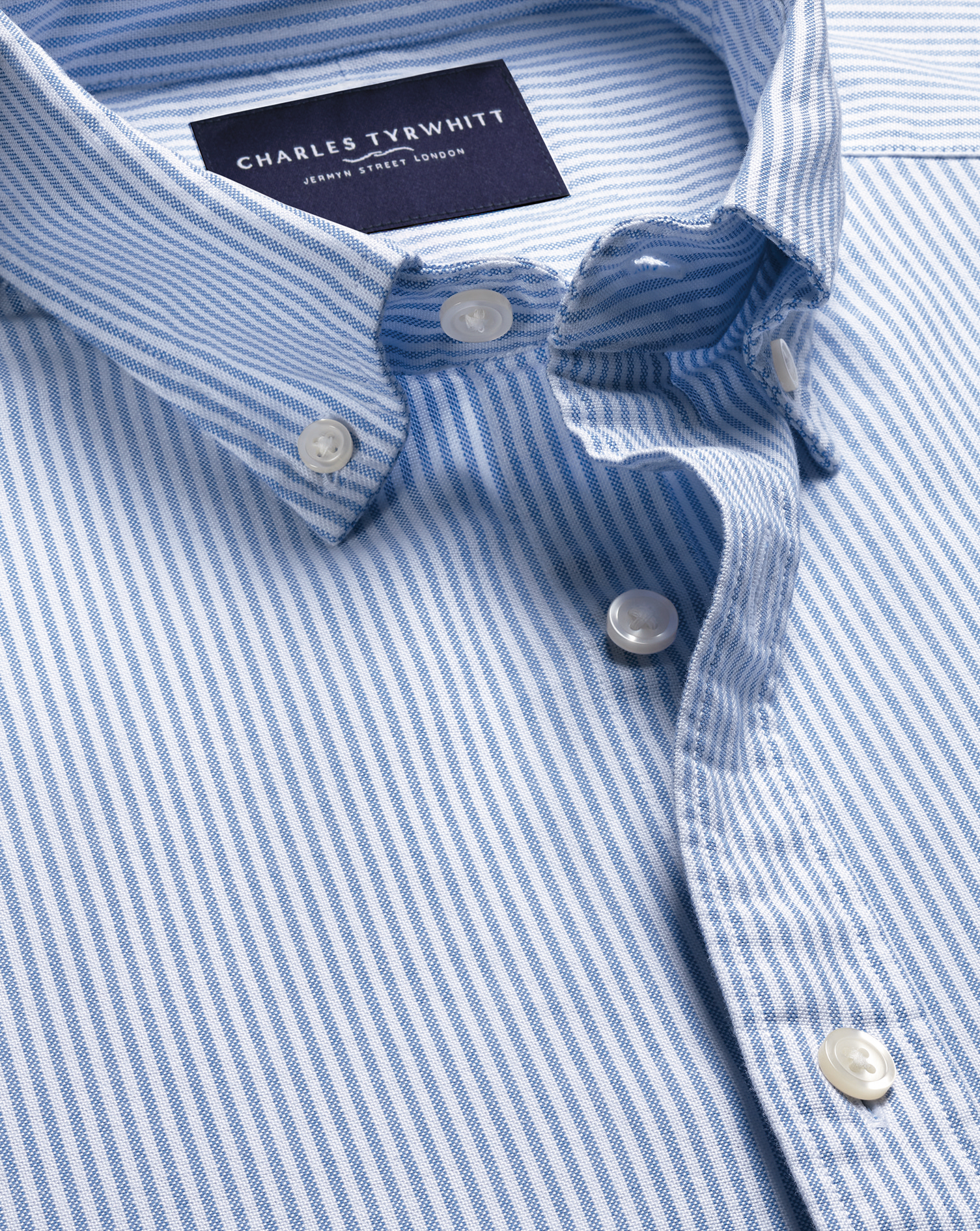 Men's England Rugby Stretch Washed Oxford Stripe Cotton Shirt - Blue & White, XXL by Charles Tyrwhitt