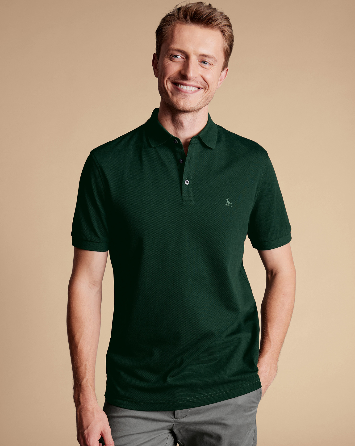 Men's Charles Tyrwhitt Pique Polo Shirt - Dark Green Size Small Cotton
