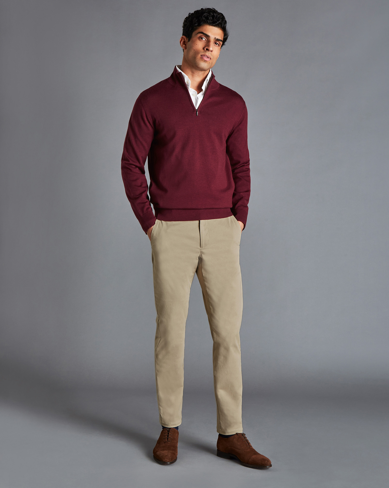 Men's Charles Tyrwhitt Lightweight Trousers - Oatmeal Neutral Size W40 L32 Cotton
