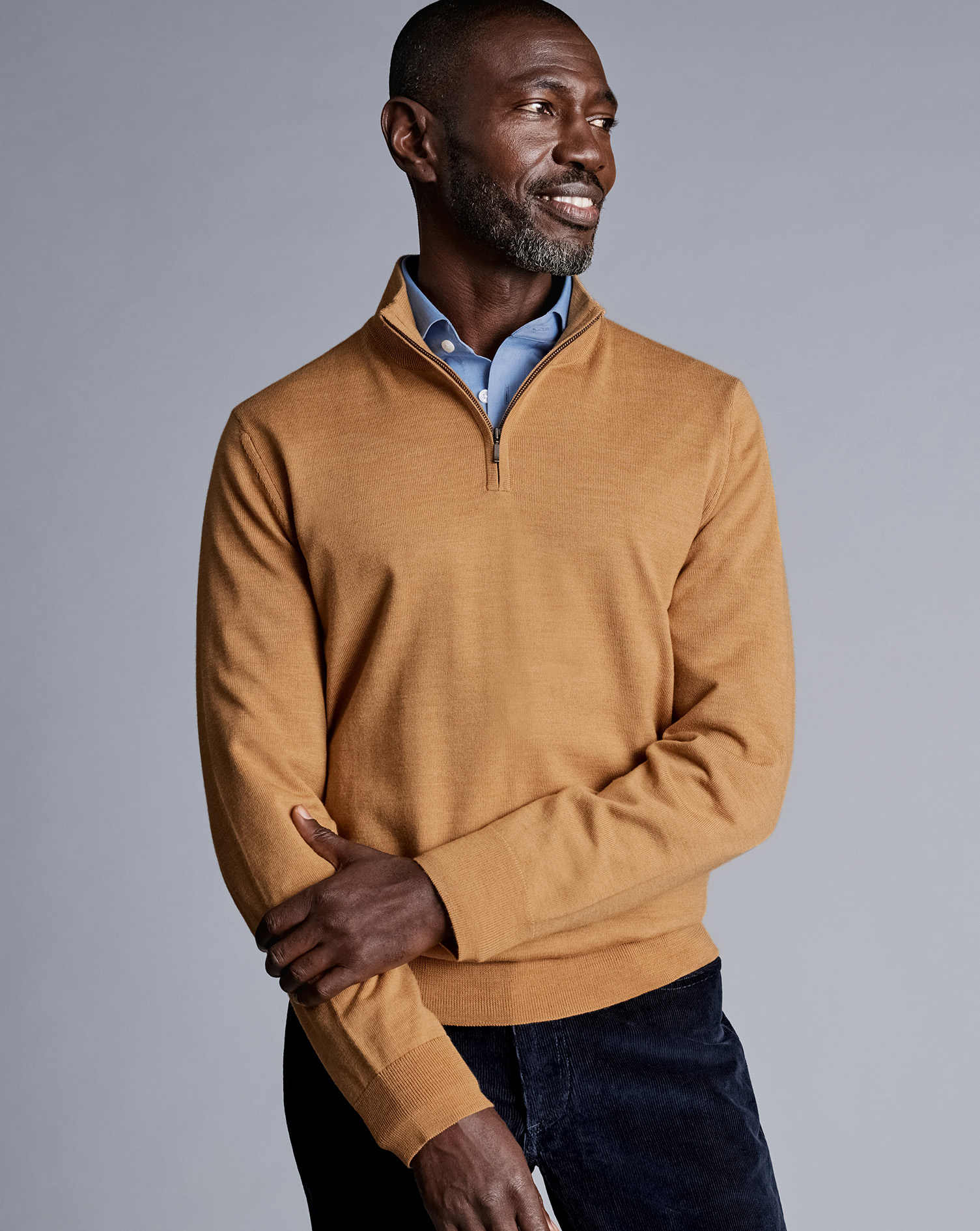 Men's Charles Tyrwhitt Merino Zip Neck Sweater - Gold Brown Size Small Wool
