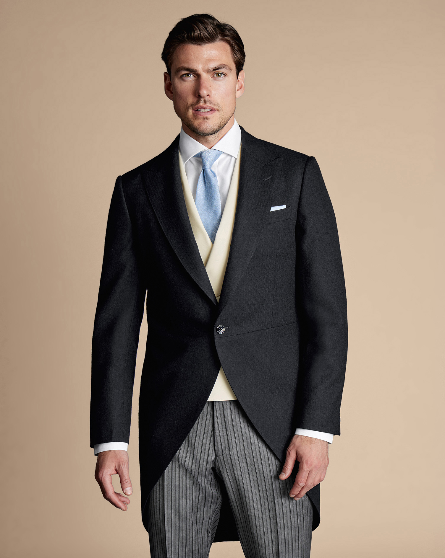 Men's Charles Tyrwhitt Morning Suit Tail Coat - Black Herringbone Size 40R Wool
