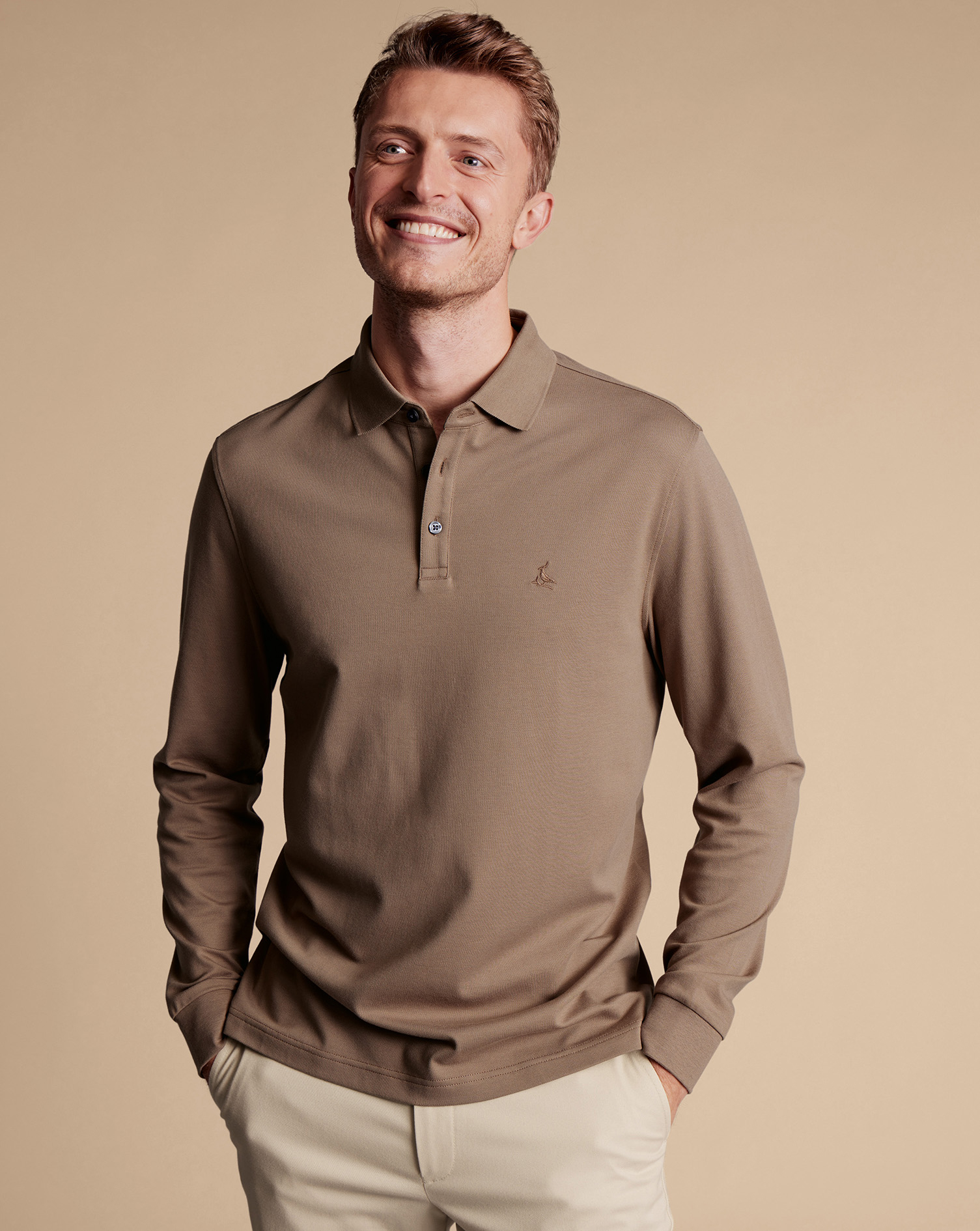 Men's Charles Tyrwhitt Long Sleeve Pique Polo Shirt - Camel Brown Size XXXL Cotton
