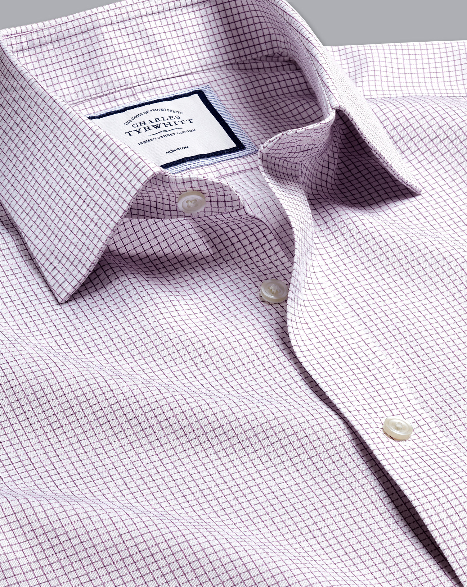 Non-Iron Twill Mini Grid Check Cotton Dress Shirt - Purple Single Cuff Size Large

