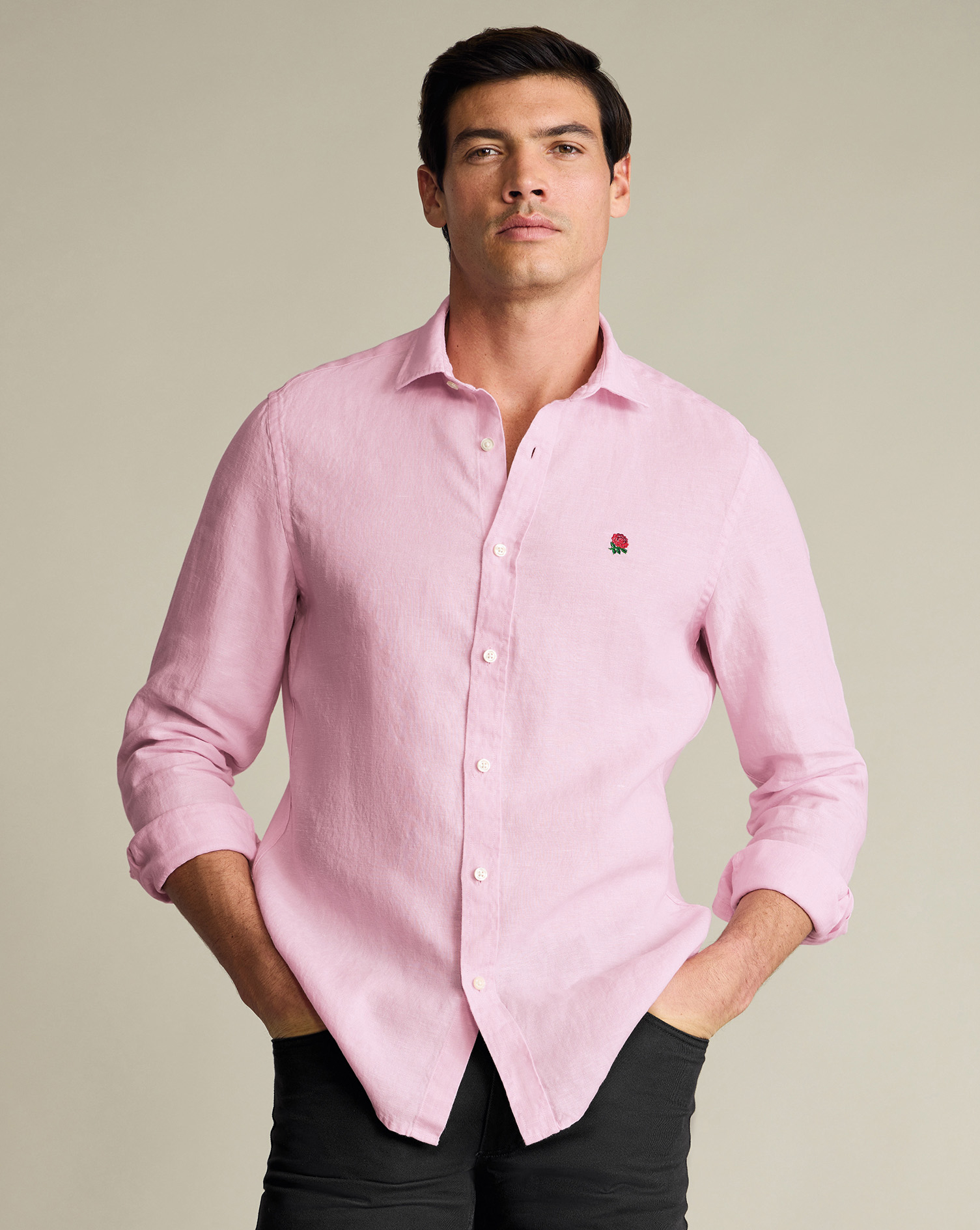 Men's England Rugby Pure Linen Shirt â Pink, Medium by Charles Tyrwhitt