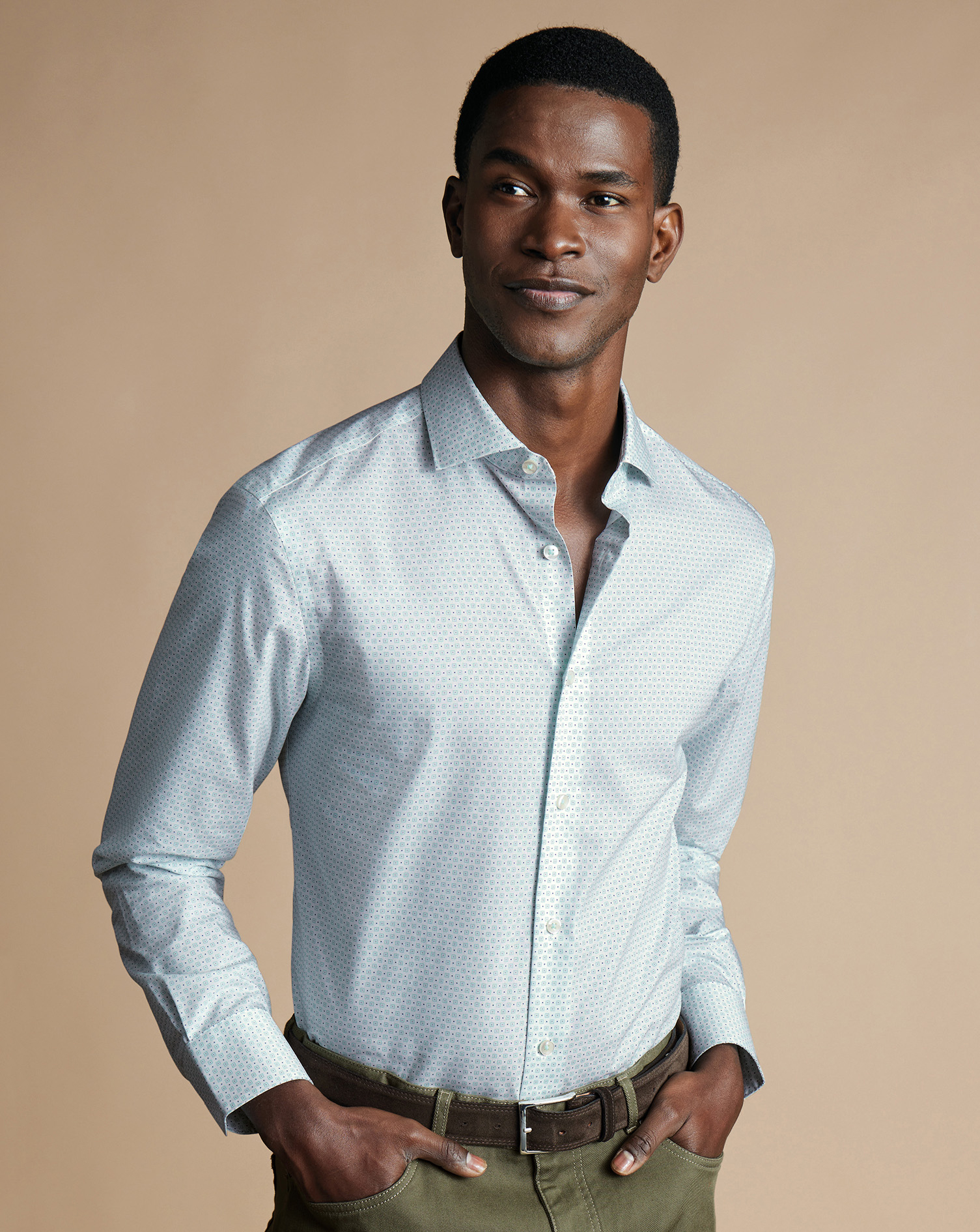 Men's Charles Tyrwhitt Semi-Cutaway Collar Non-Iron Stretch Motif Print Shirt - Aqua Green Size XL C