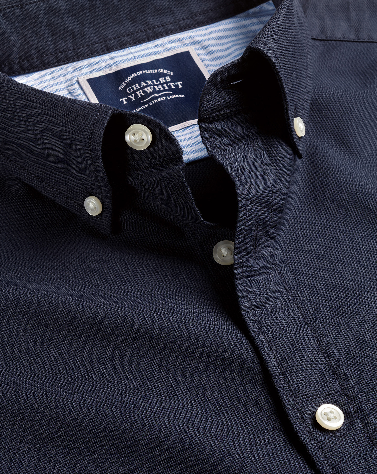 Men's Charles Tyrwhitt Button-Down Collar Washed Oxford Plain Casual Shirt - Navy Blue Single Cuff S