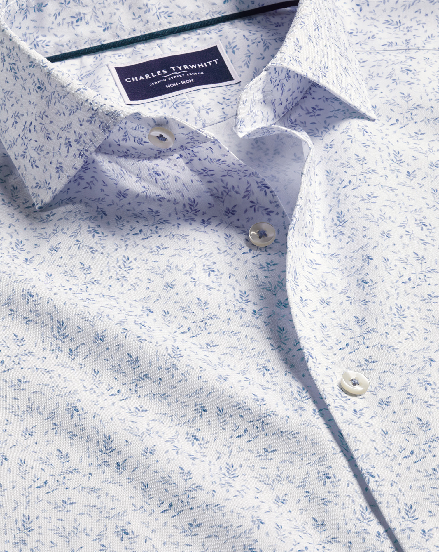 Charles Tyrwhitt Men's  Semi-cutaway Collar Non-iron Stretch Leaf Print Shirt In Blue