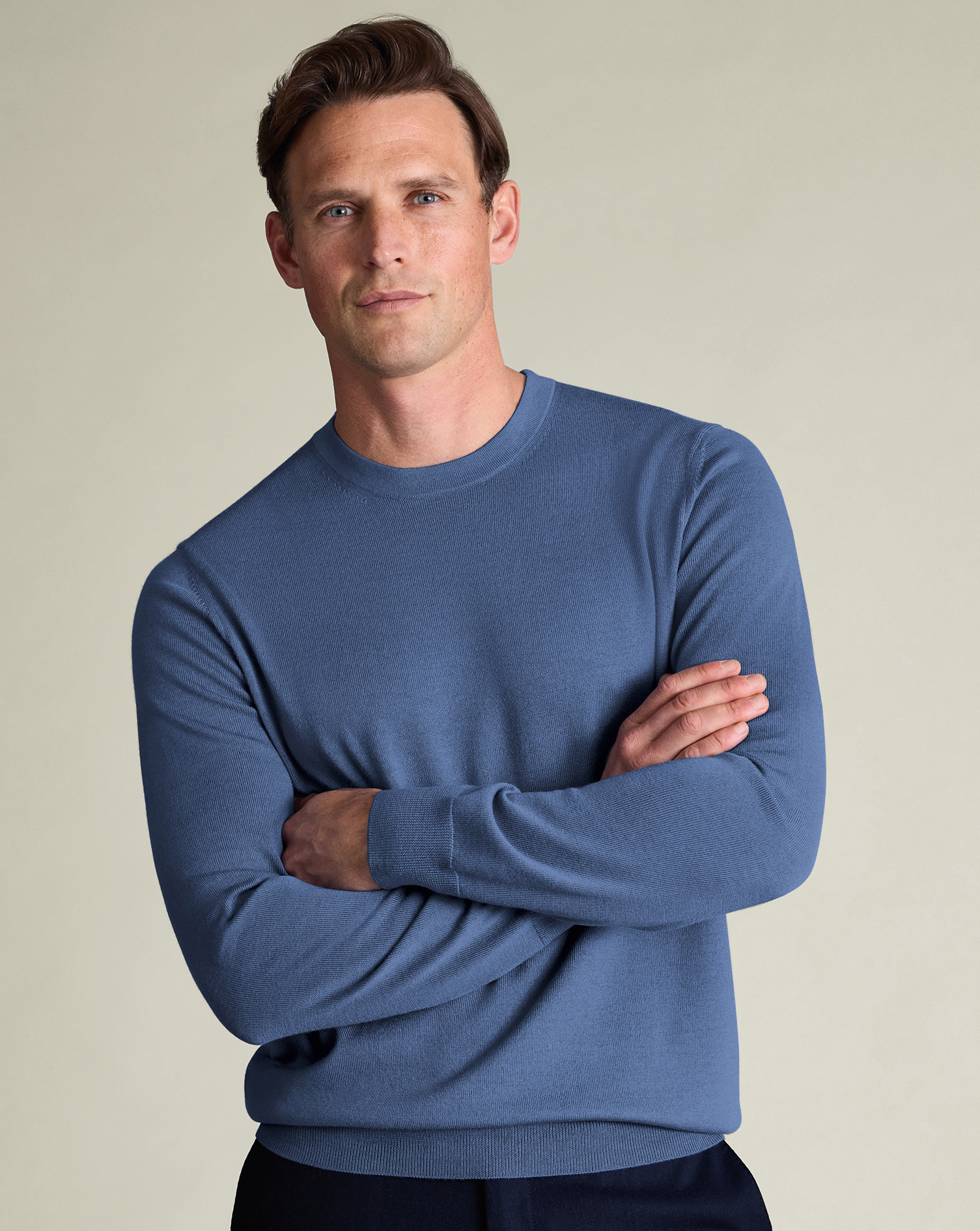Men's Pure Merino Crew Neck Wool Jumper - Steel Blue, XXL by Charles Tyrwhitt