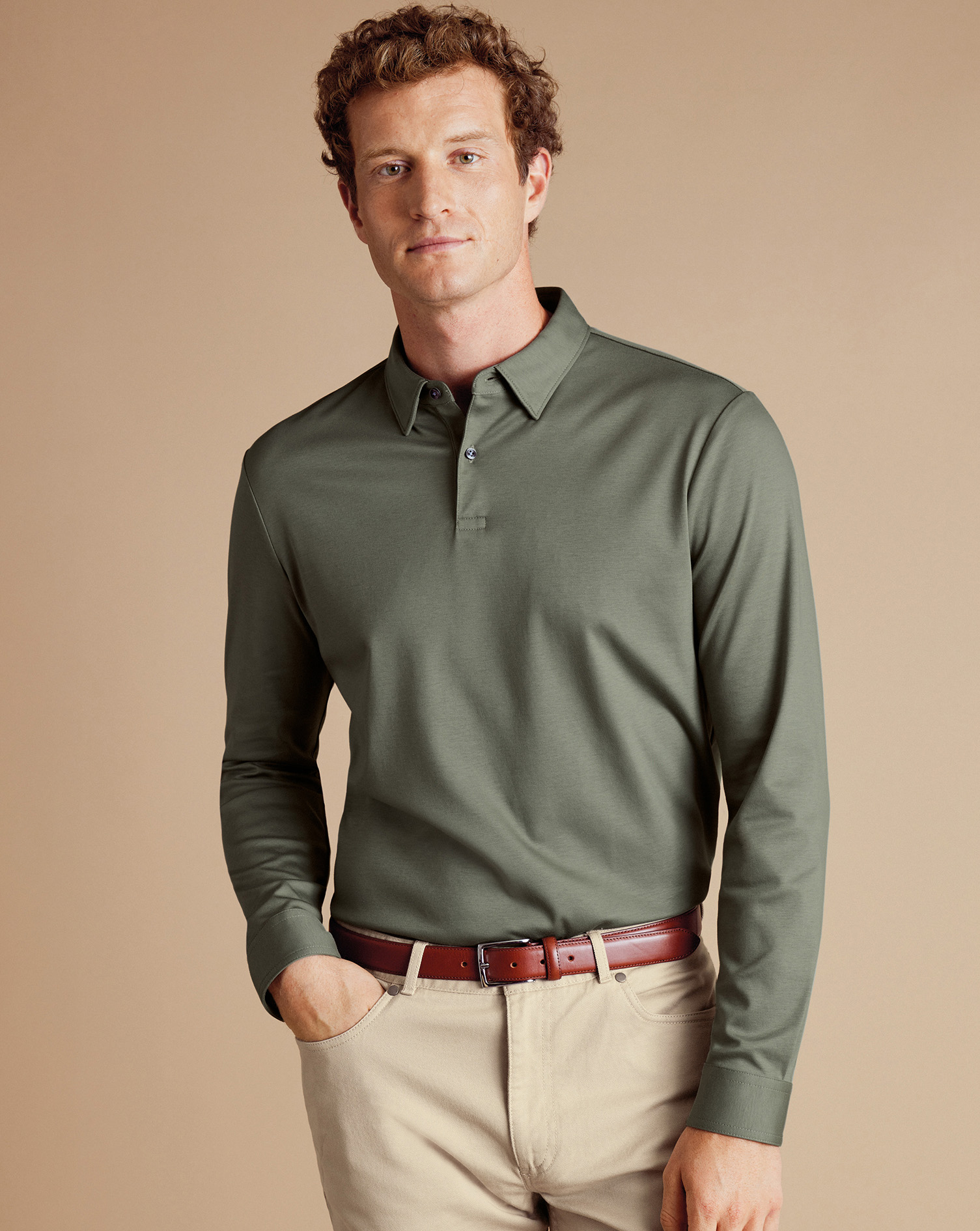 Men's Charles Tyrwhitt Smart Long Sleeve Jersey Polo Shirt - Sage Green Size XXXL Cotton
