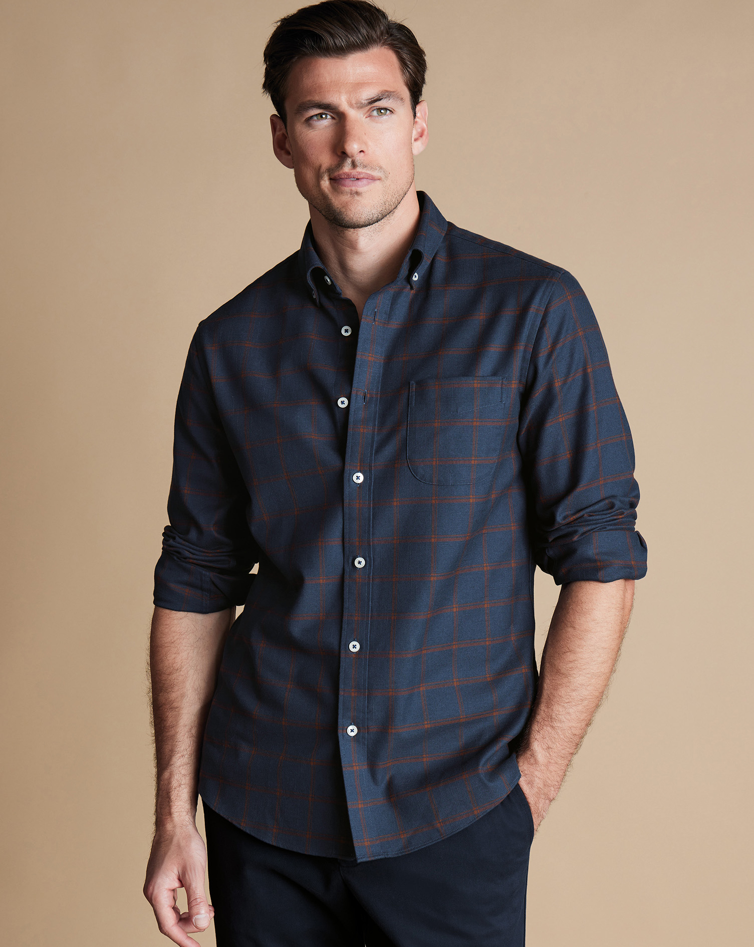 Men's Charles Tyrwhitt Button-Down Collar Non-Iron Twill Windowpane Check Casual Shirt - Rust & Navy