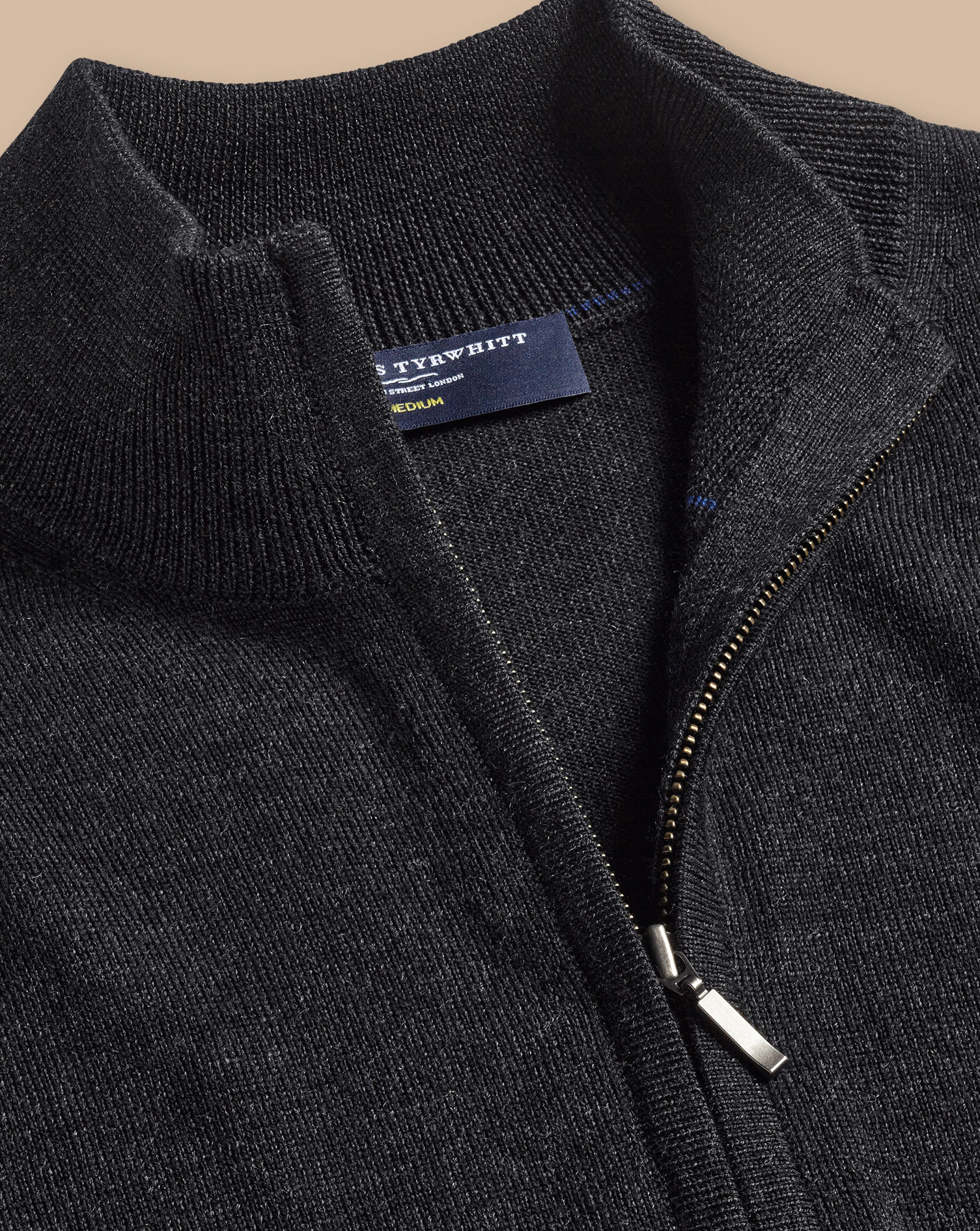 Men's Charles Tyrwhitt Pure Merino Full Zip-Through Cardigan - Charcoal Grey Size Medium Wool
