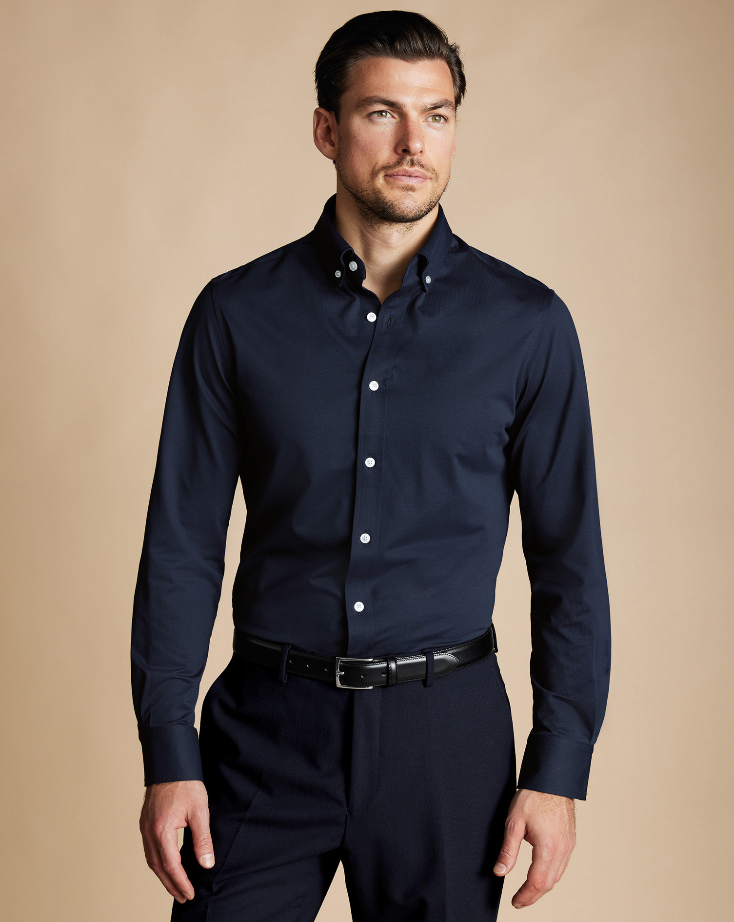 Men's Charles Tyrwhitt 4-Way Stretch Jersey Casual Shirt - Navy Blue Size XXL Cotton
