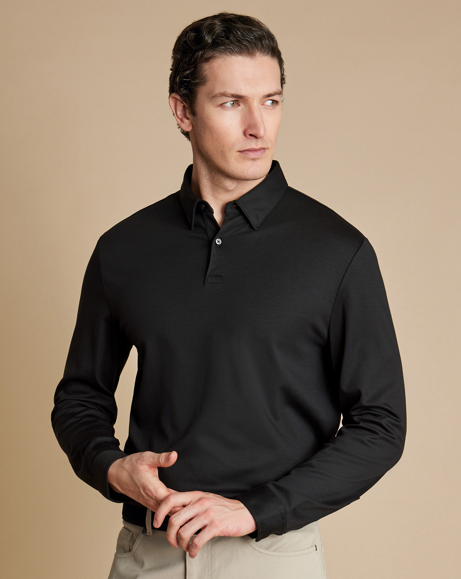 Men's Charles Tyrwhitt Smart Long Sleeve Jersey Polo Shirt - Black Size Medium Cotton
