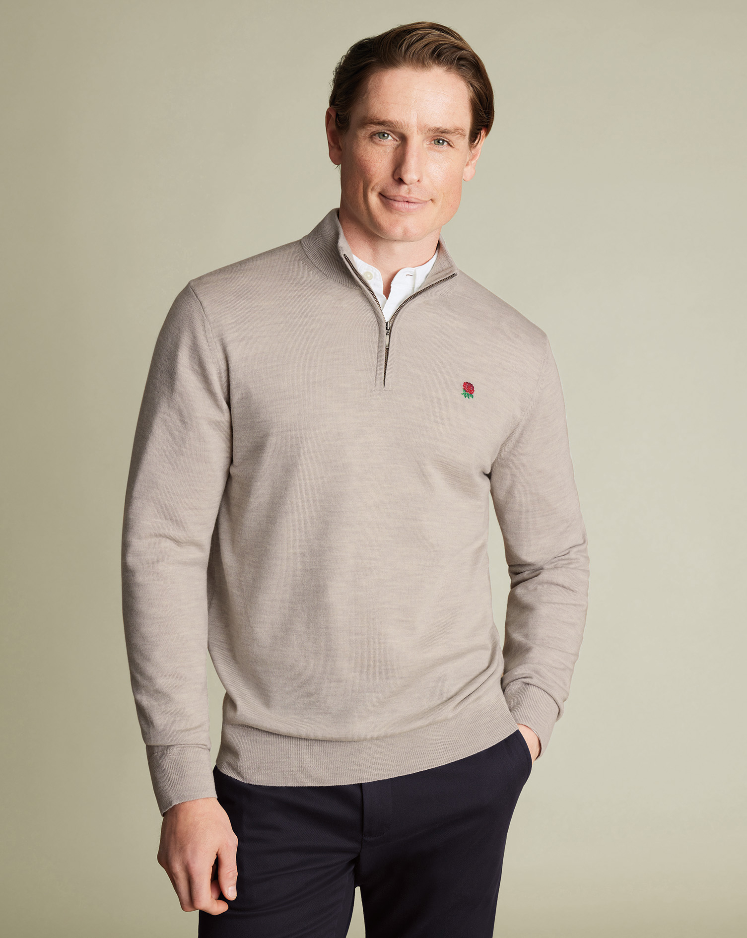 Men's England Rugby Pure Merino Zip Neck Wool Jumper - LimeStone Beige, Small by Charles Tyrwhitt