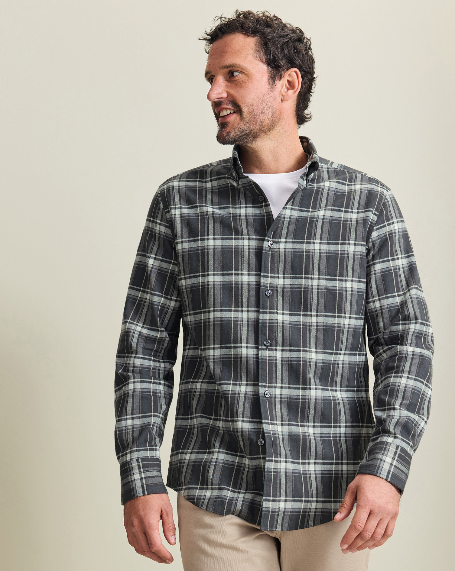 Men's Charles Tyrwhitt Brushed Flannel Check Shirt - Charcoal Grey Size Large Cotton