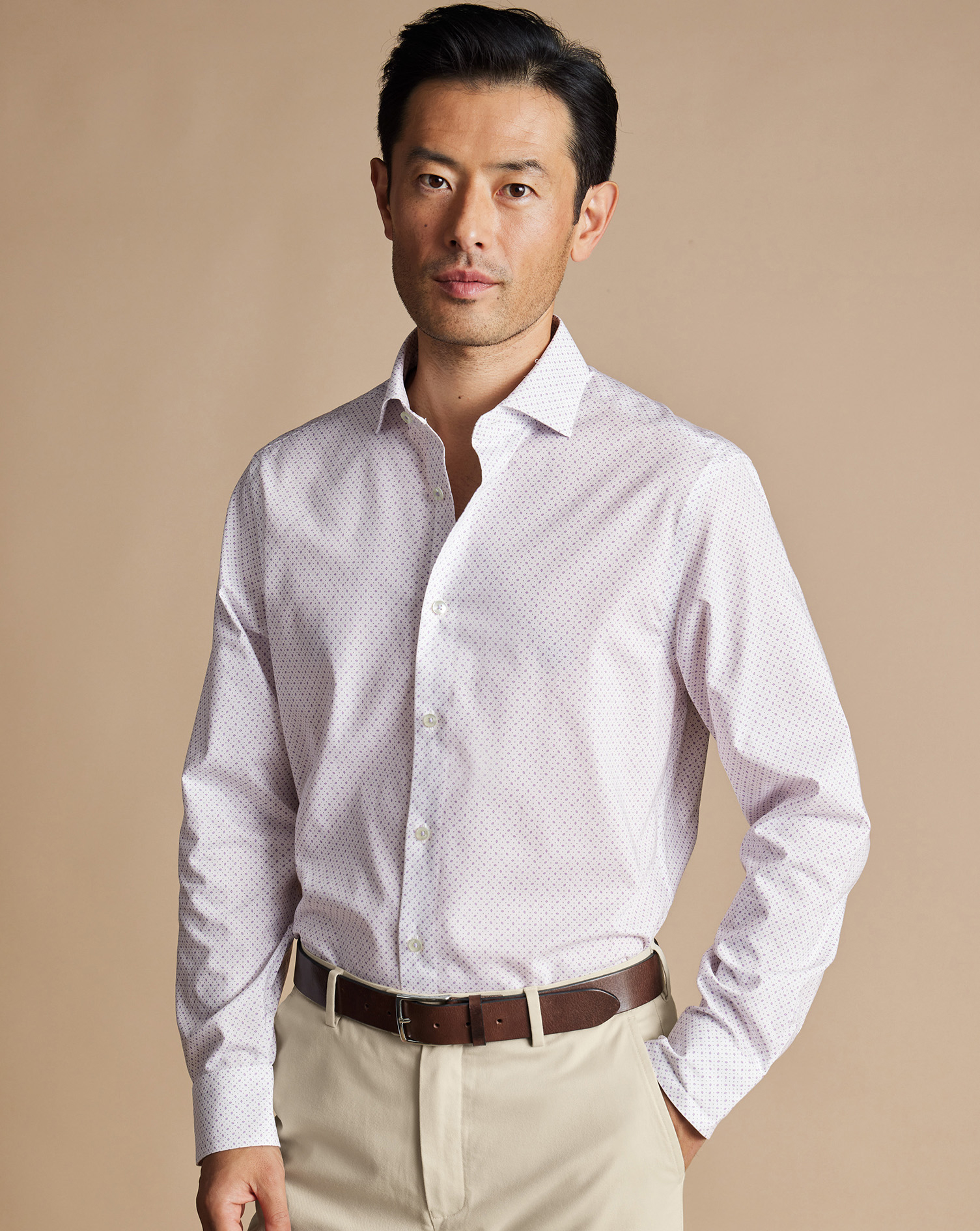 Men's Charles Tyrwhitt Semi-Cutaway Collar Non-Iron Stretch Diamond Print Shirt - White & Lilac Purp
