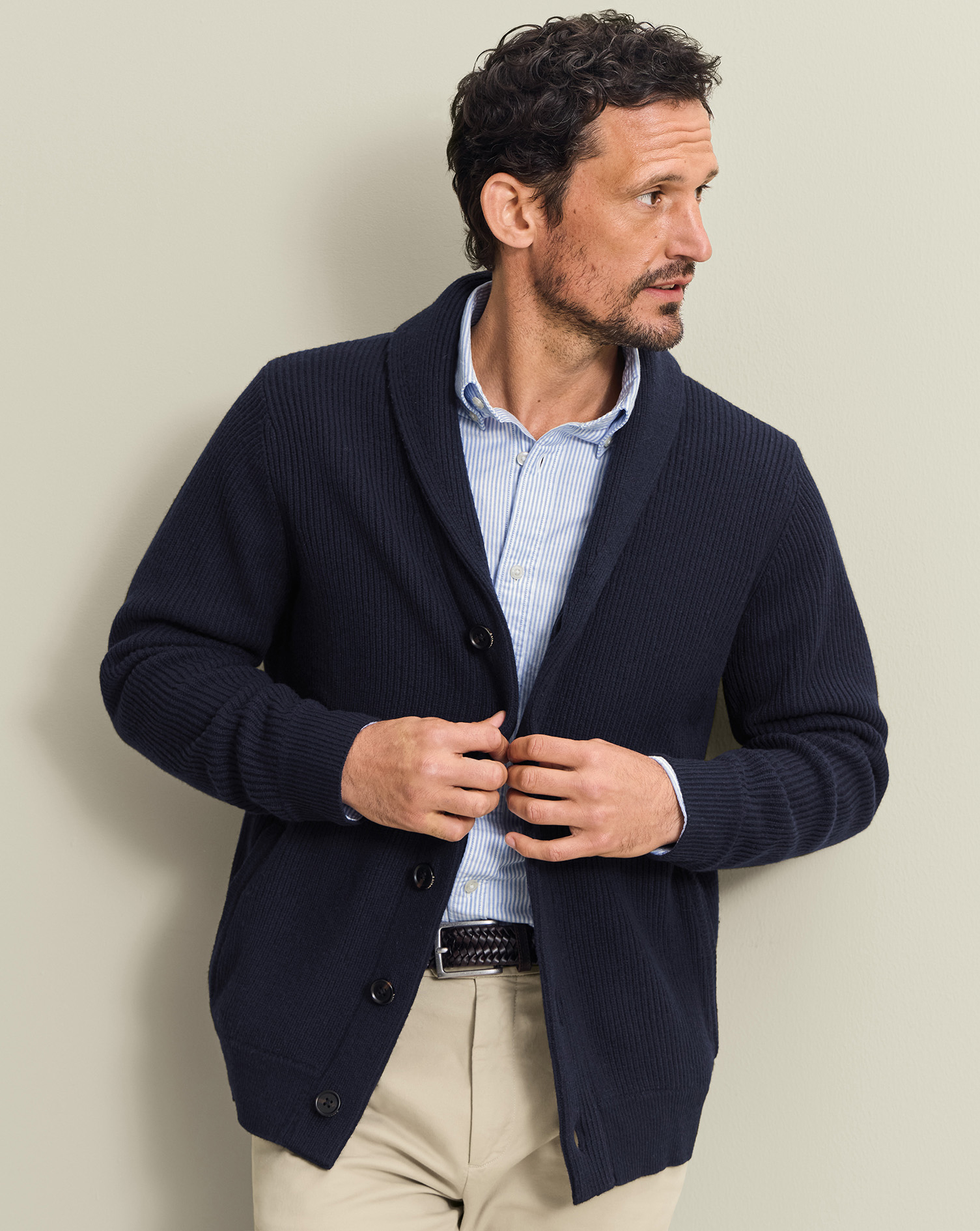 Men's Chunky Pure Merino Shawl Neck Wool Cardigan - Navy Blue, Small by Charles Tyrwhitt