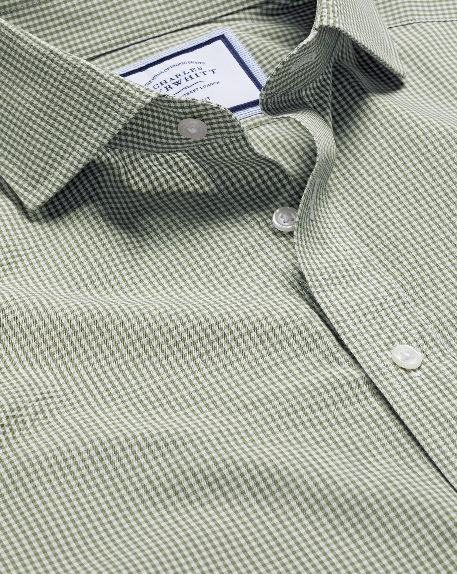 Men's Charles Tyrwhitt Cutaway Collar Non-Iron Mini Gingham Check Dress Shirt - Olive Green Single C