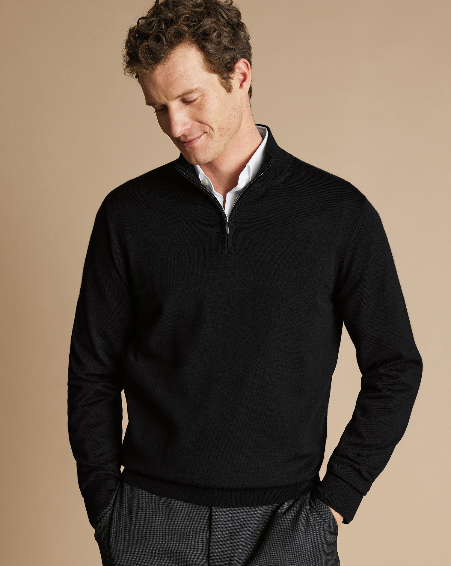 Men's Charles Tyrwhitt Zip Neck Sweater - Black Size Large Merino
