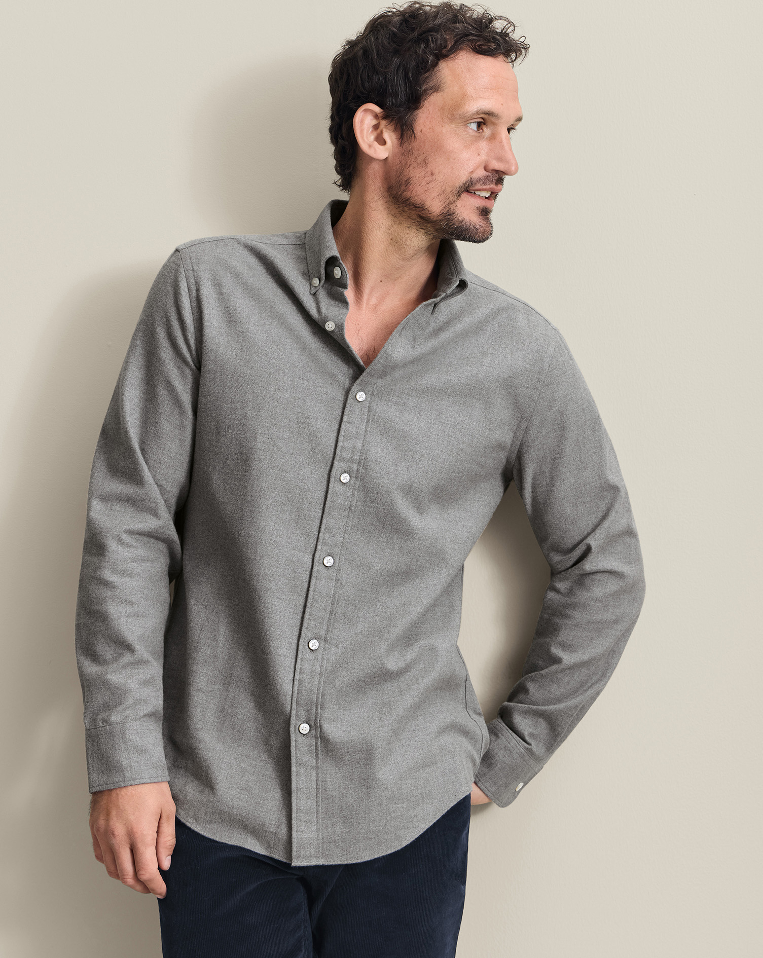 Men's Brushed Flannel Cotton Shirt - Grey, Medium by Charles Tyrwhitt