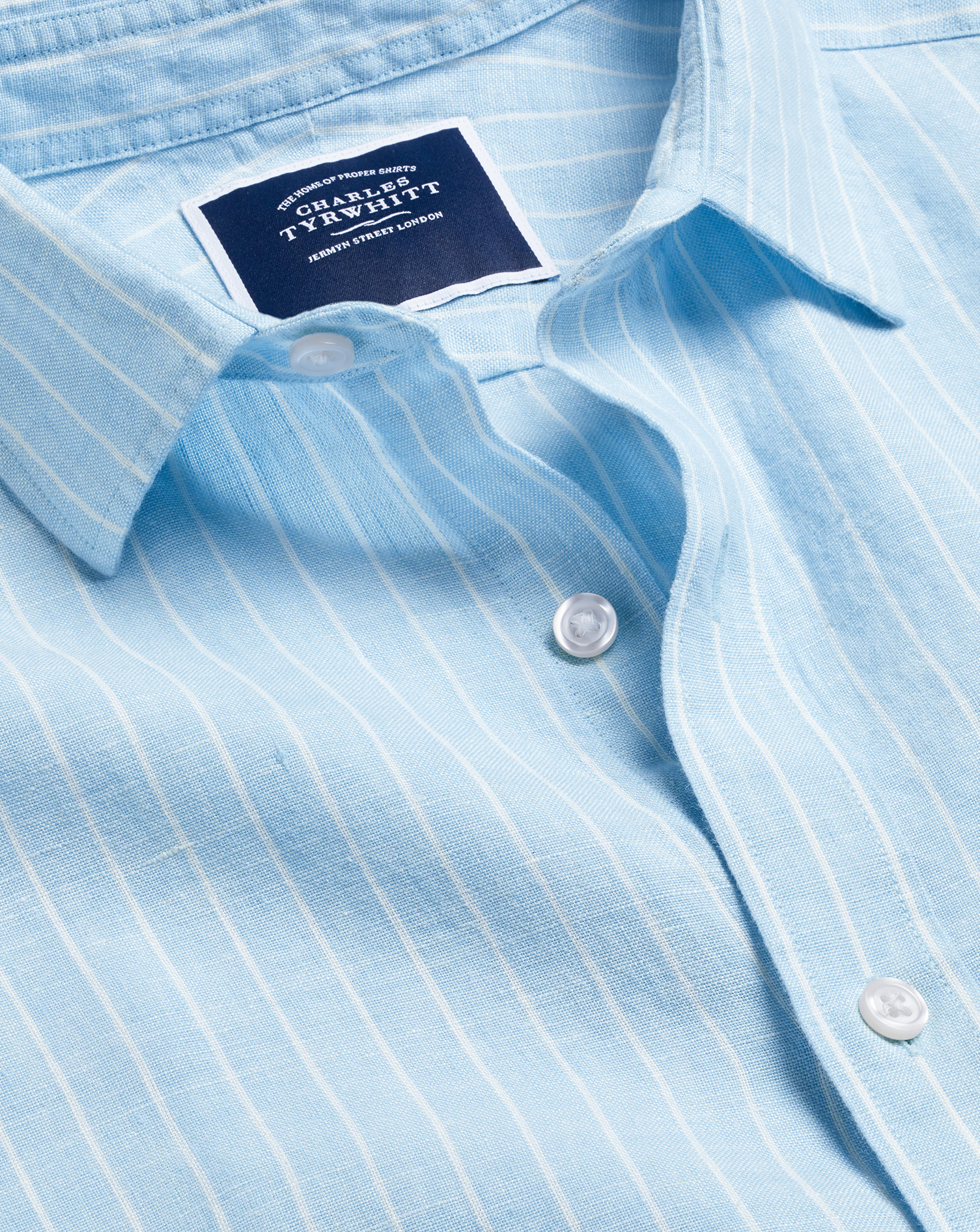 Men's Charles Tyrwhitt Pure Stripe Casual Shirt - Light Blue Single Cuff Size XL Linen
