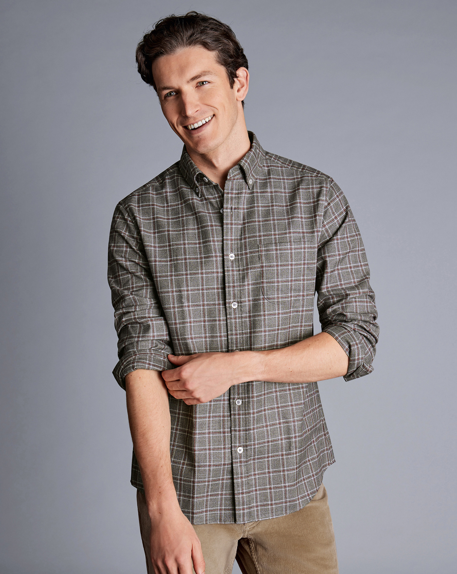 Men's Charles Tyrwhitt Button-Down Collar Non-Iron Twill Triple Windowpane Casual Shirt - Grey Size 
