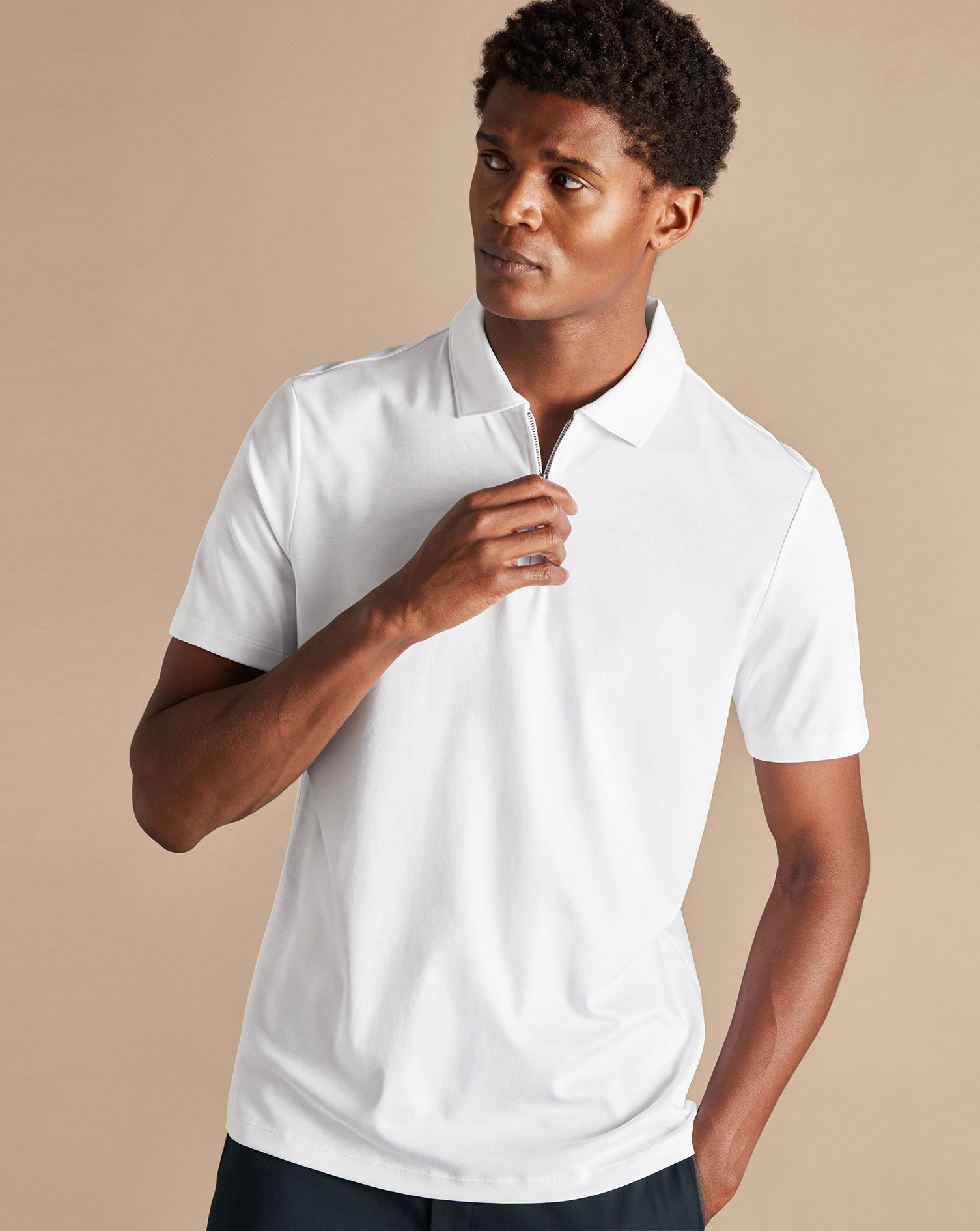 Men's Charles Tyrwhitt Zip-Neck Jersey Polo Shirt - White Size Small Cotton
