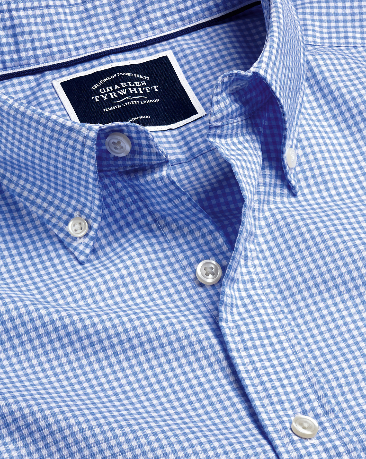 Charles Tyrwhitt Button-down Collar Non-iron Stretch Poplin Mini Gingham Cotton Casual Shirt In Blue
