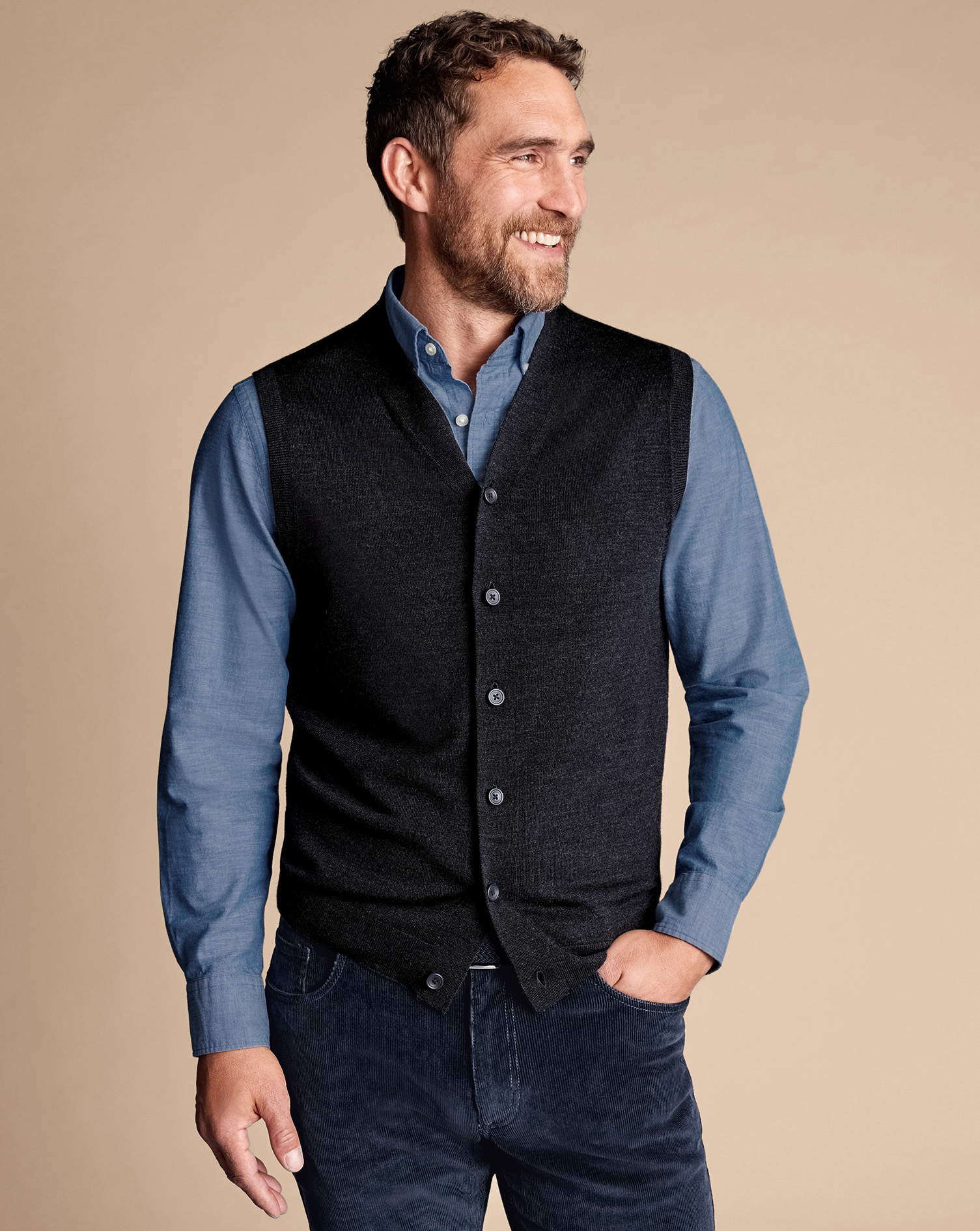 Men's Charles Tyrwhitt Merino Sleeveless Cardigan - Charcoal Grey Size XS Wool
