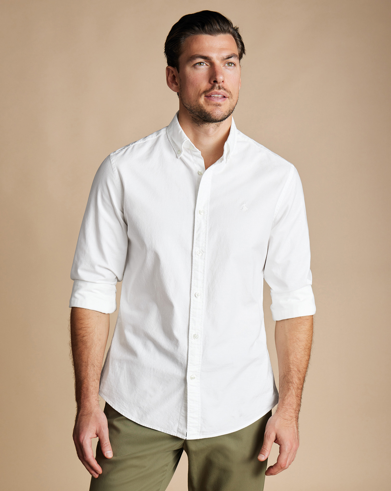Men's Charles Tyrwhitt Button-Down Collar Stretch Washed Oxford Casual Shirt - White Single Cuff Siz