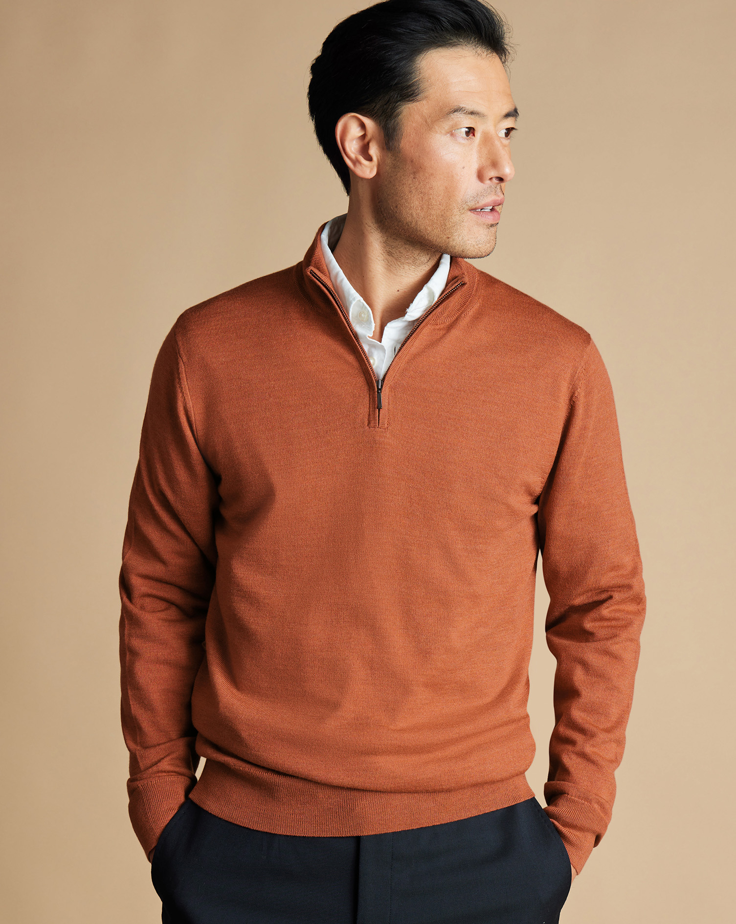 Men's Charles Tyrwhitt Merino Zip Neck Sweater - Orange Size Small Wool
