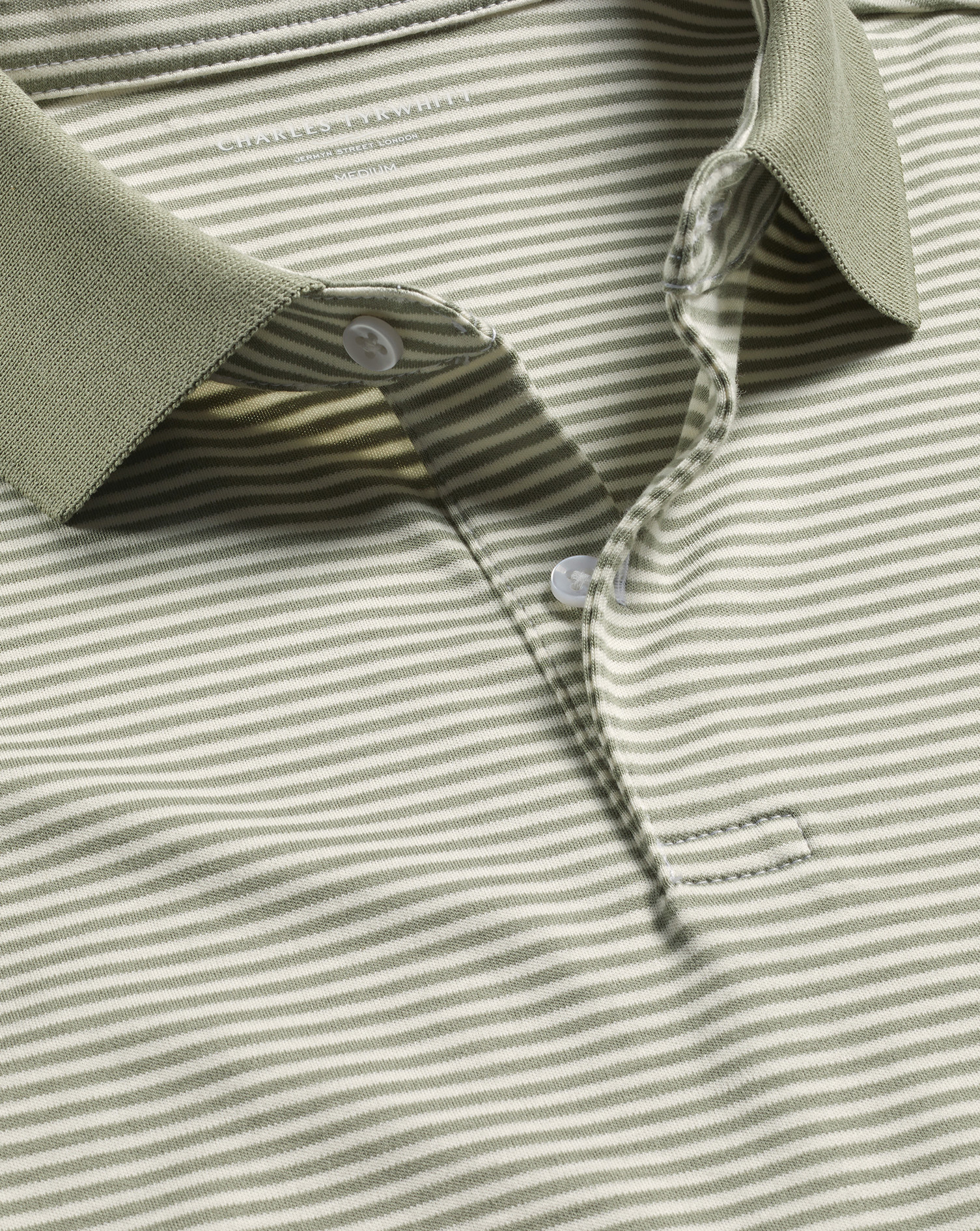 Men's Charles Tyrwhitt Fine Stripe Jersey Polo Shirt - Sage Green & Ecru Size Medium Cotton
