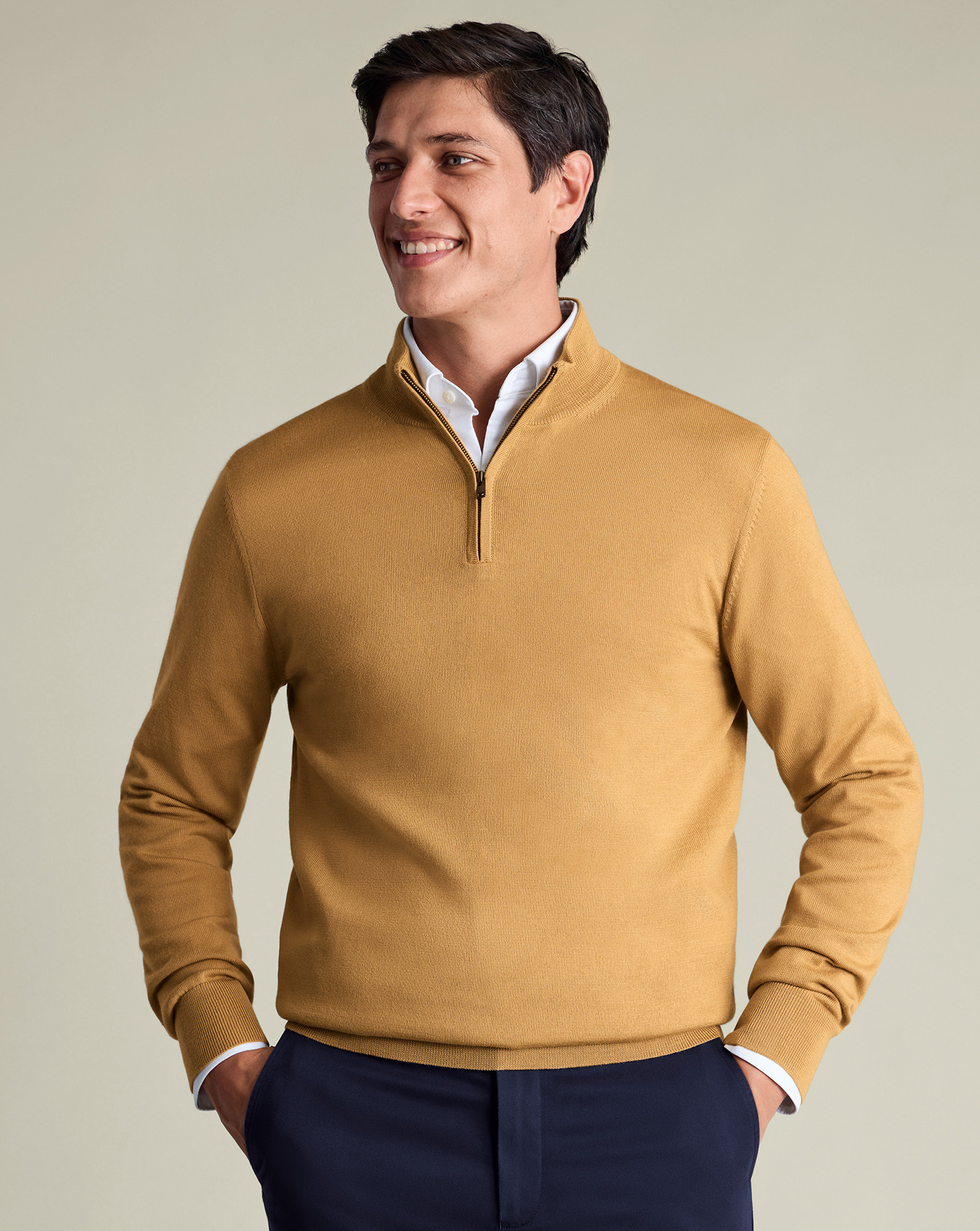 Men's Pure Merino Zip-Neck Wool Jumper â Camel Brown, Small by Charles Tyrwhitt