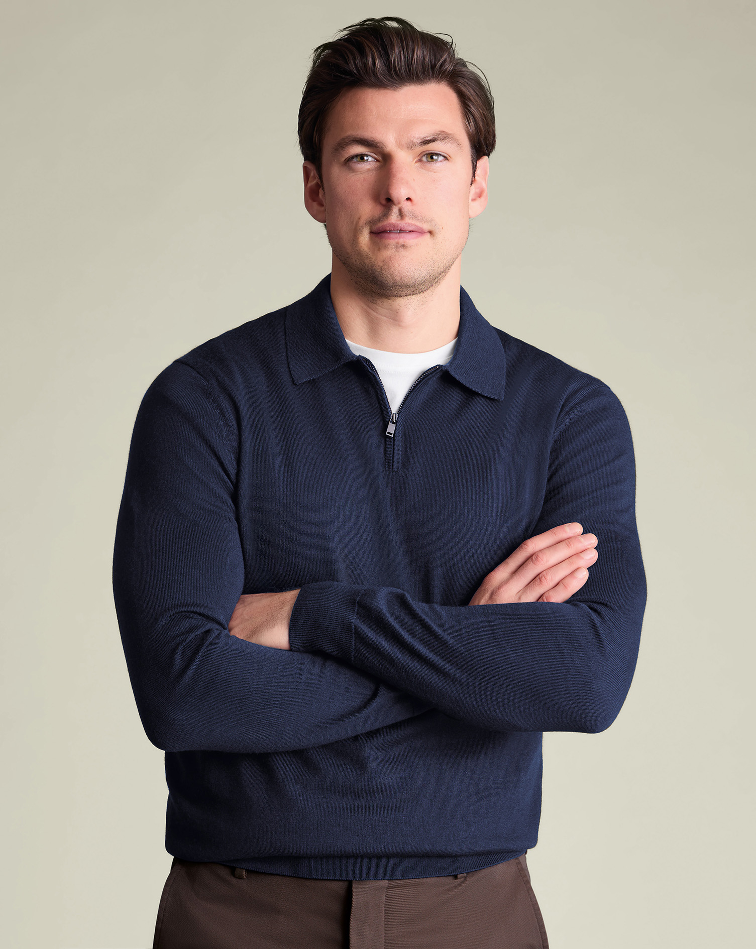Pure Merino Wool Quarter Zip Polo - Navy