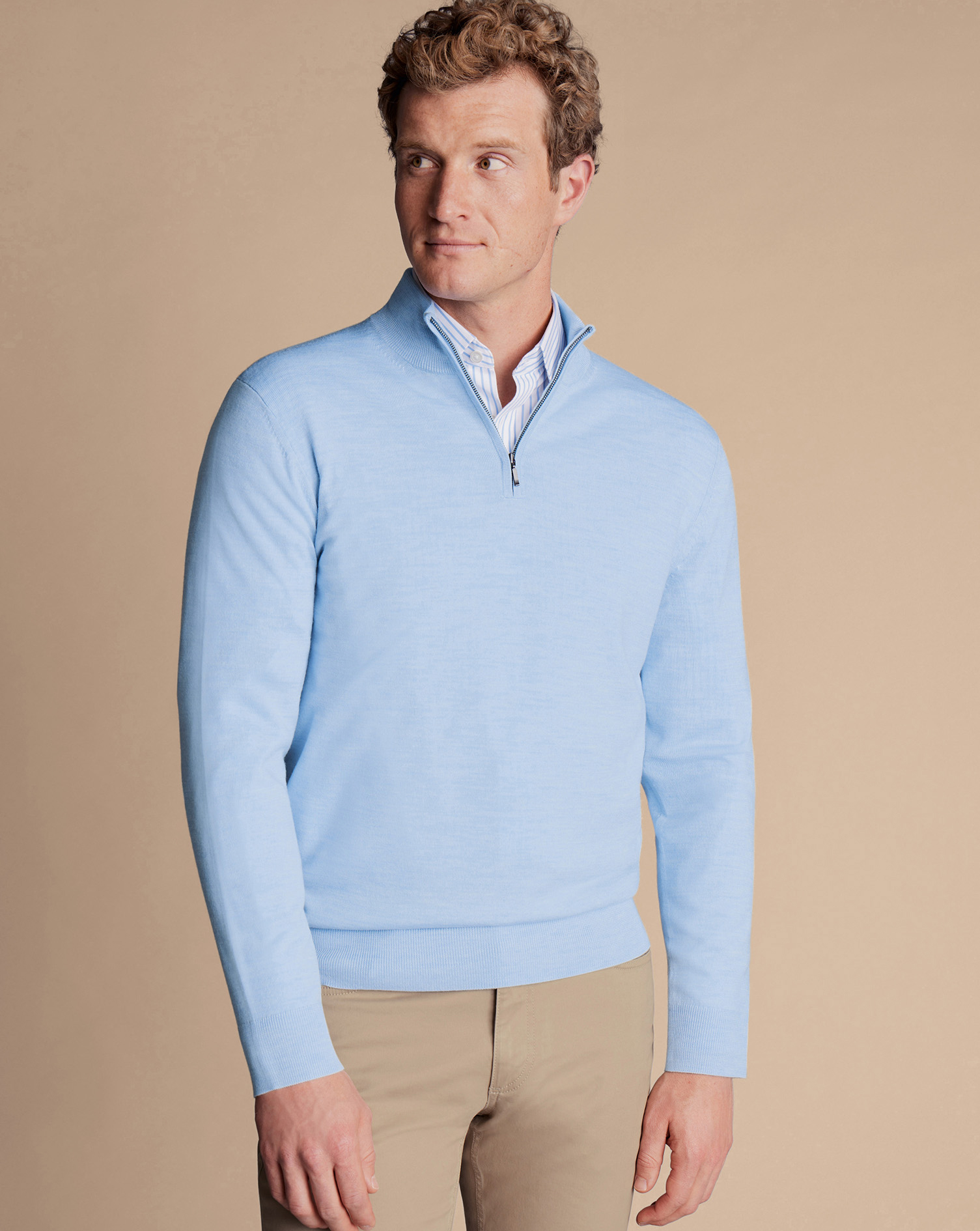 Men's Charles Tyrwhitt Merino Zip Neck Sweater - Sky Blue Size Large Wool
