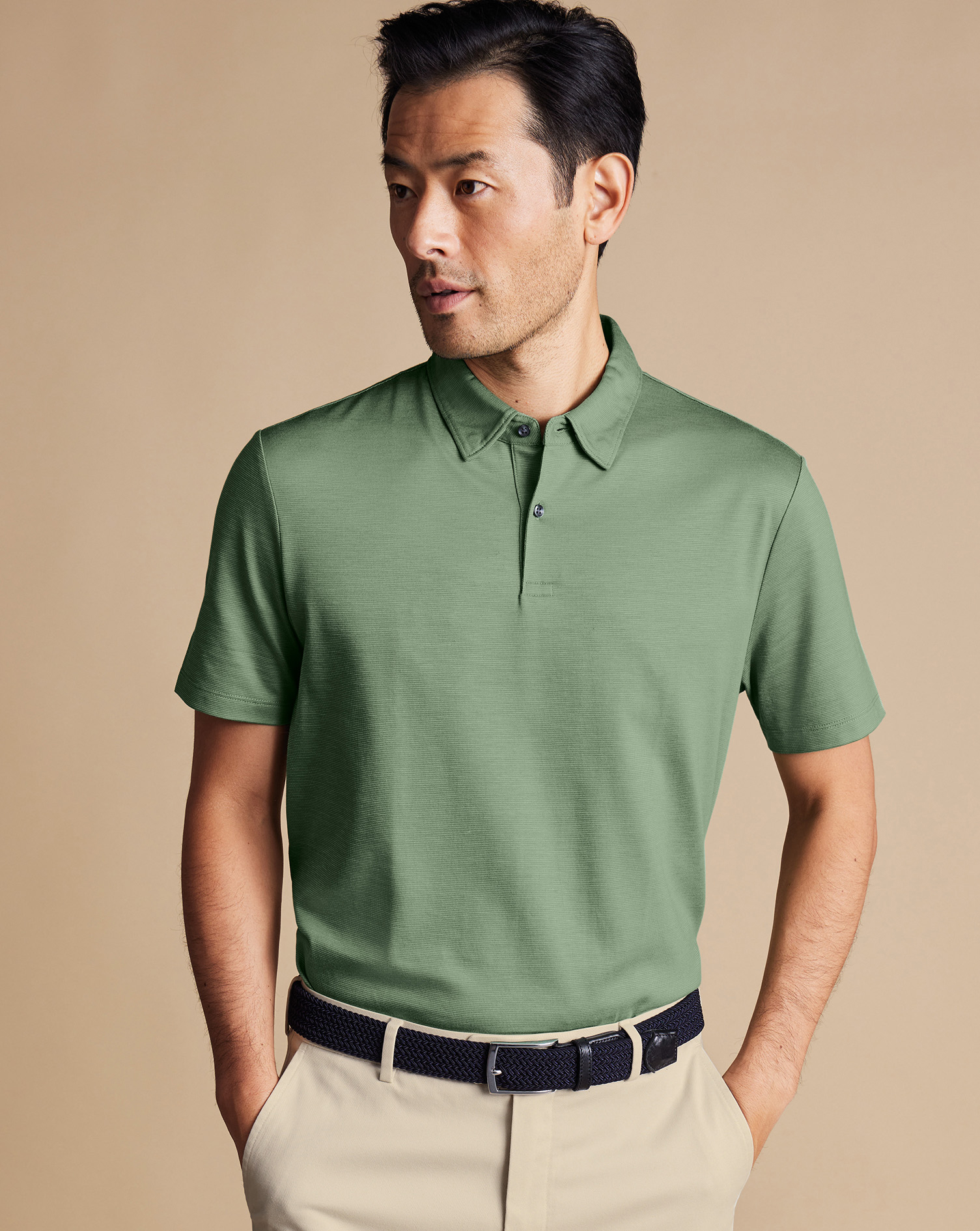 Men's Charles Tyrwhitt Cool Textured Polo Shirt - Light Green Size Large Cotton

