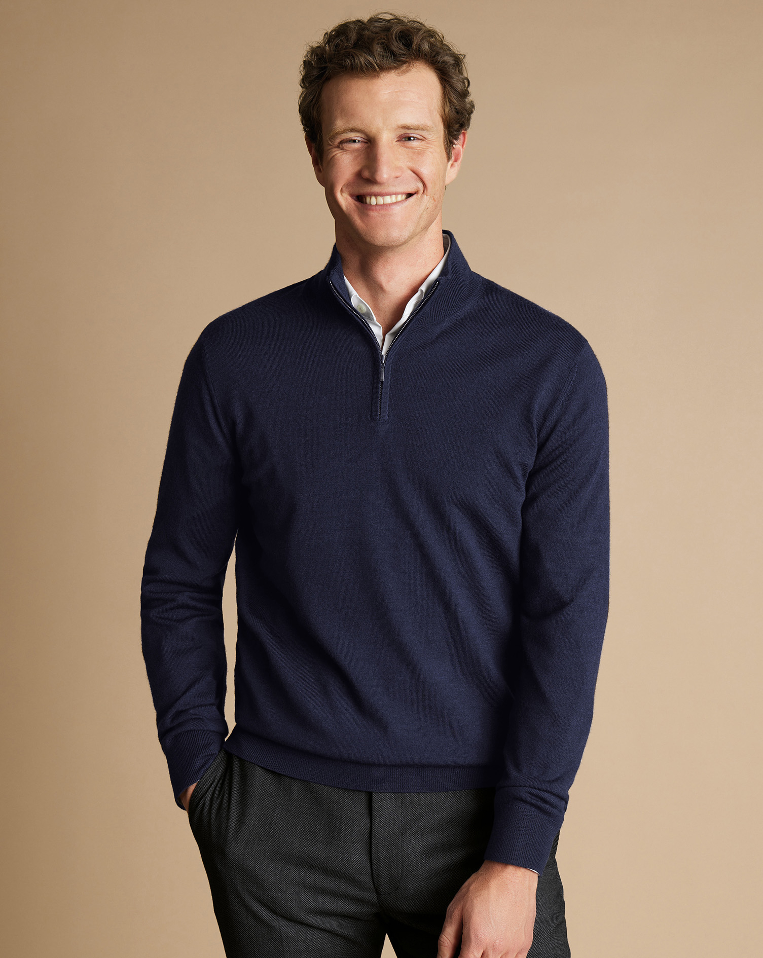 Men's Charles Tyrwhitt Zip Neck Sweater - Navy Blue Size Large Merino

