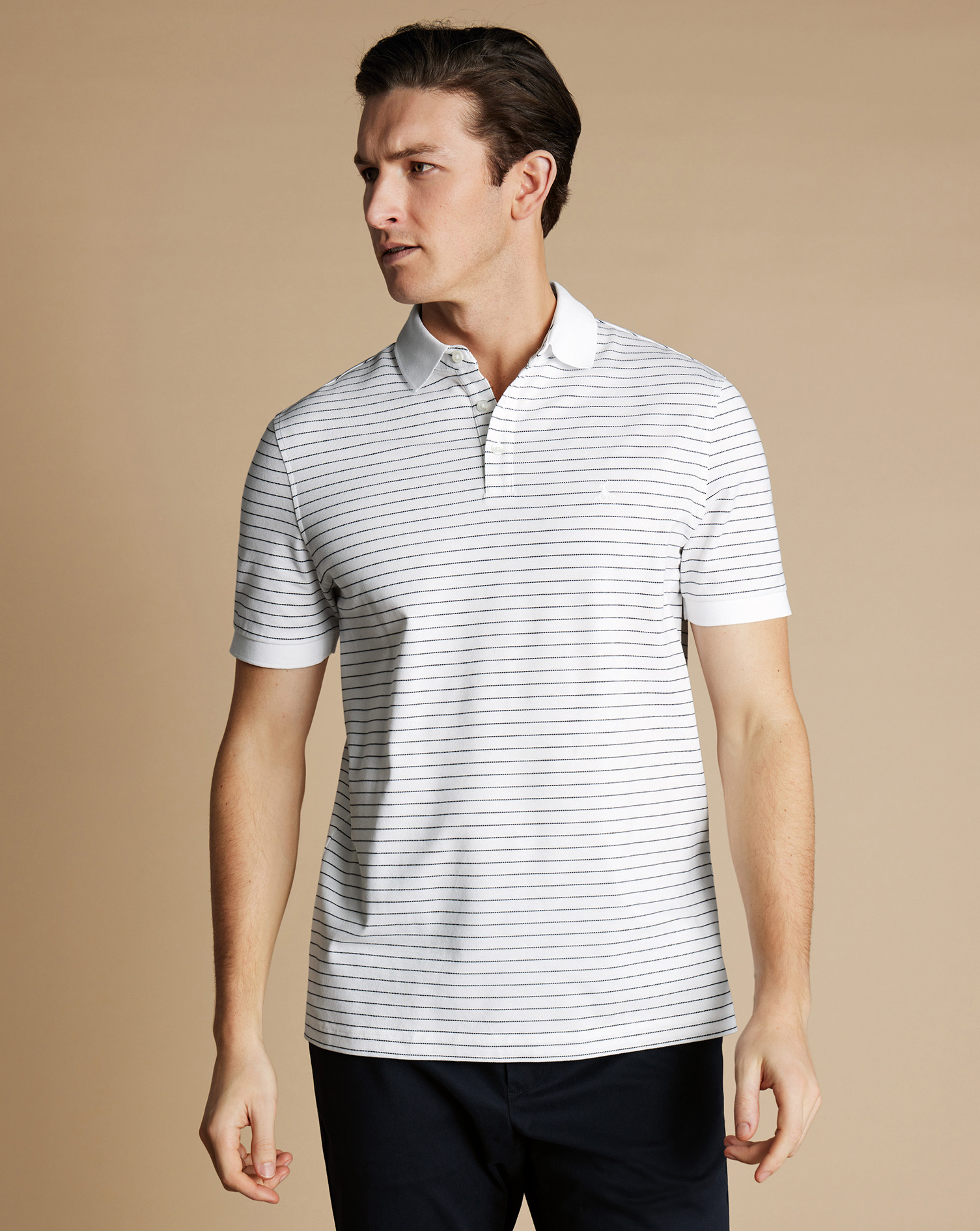 Men's Charles Tyrwhitt Pique Polo Shirt - White & Navy Size Large Cotton
