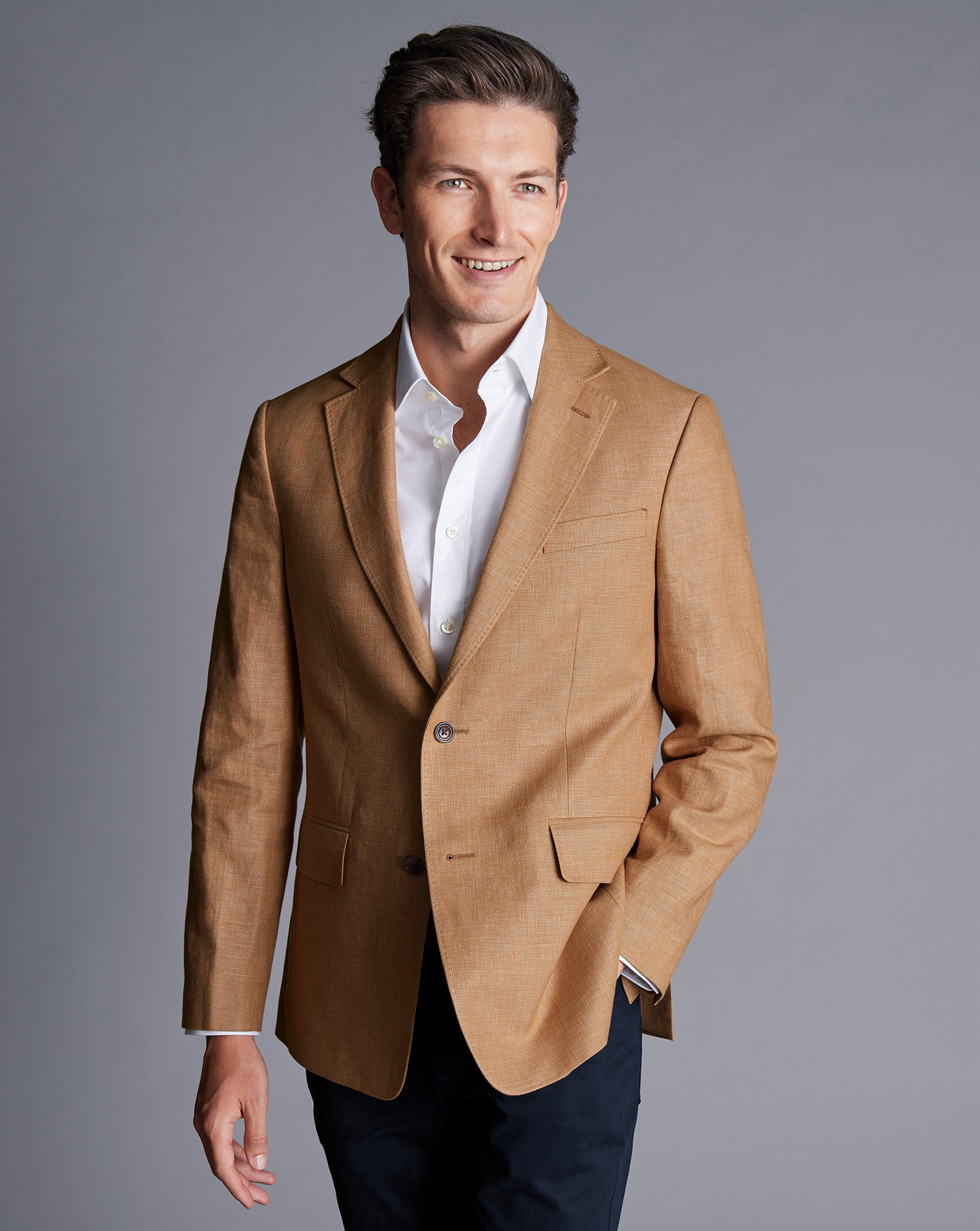 Men's Charles Tyrwhitt Cotton na Jacket - Camel Brown Size 46R Linen
