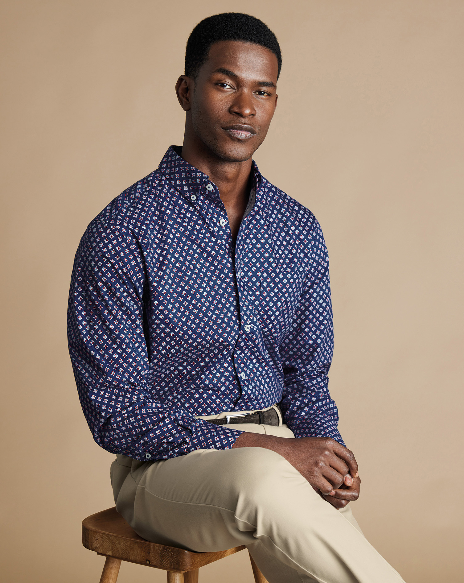 Men's Charles Tyrwhitt Button-Down Collar Non-Iron Stretch Diamond Print Casual Shirt - Indigo Blue 