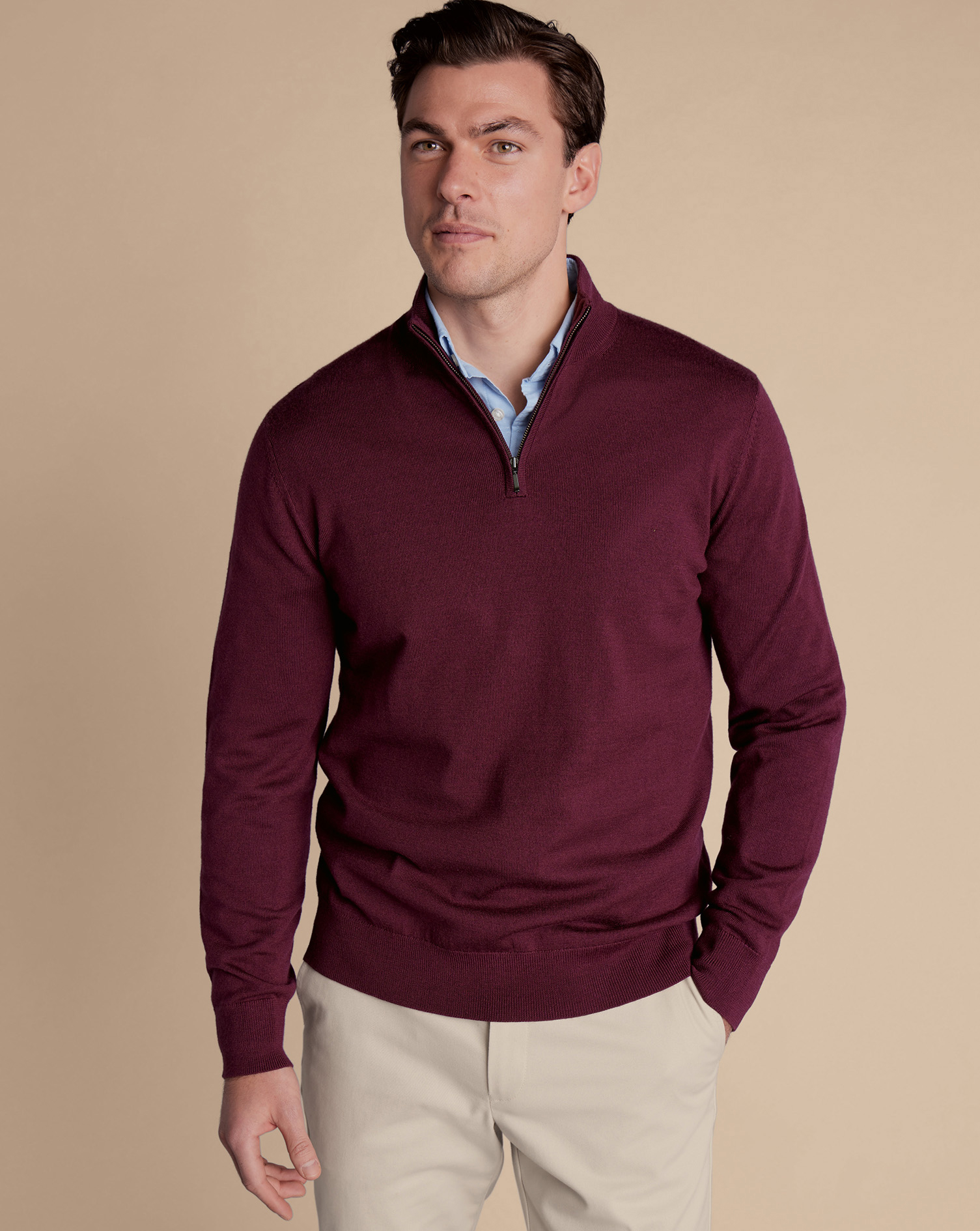 Men's Charles Tyrwhitt Zip Neck Sweater - Burgundy Red Size Medium Merino
