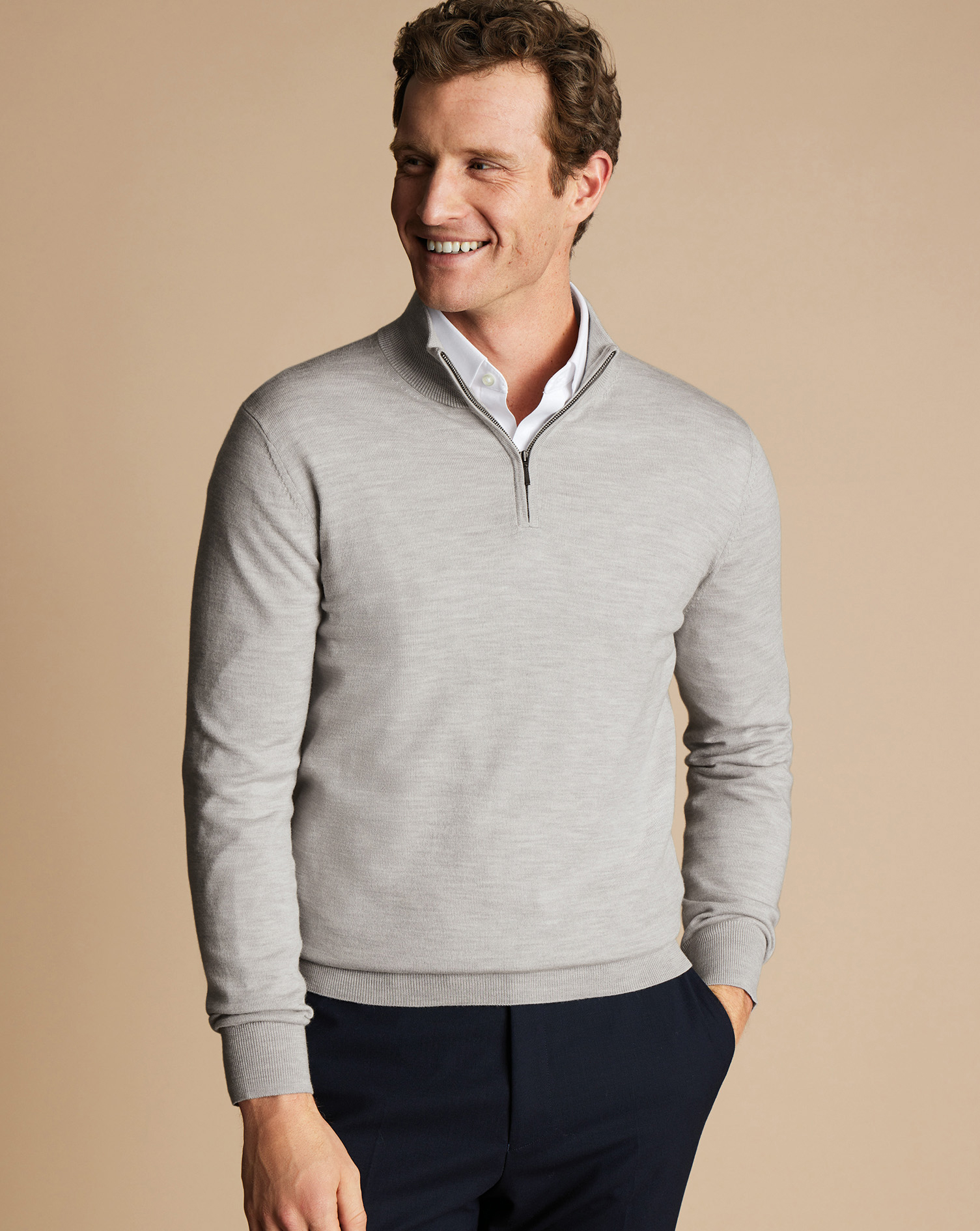 Men's Charles Tyrwhitt Zip Neck Sweater - Silver Grey Size Small Merino

