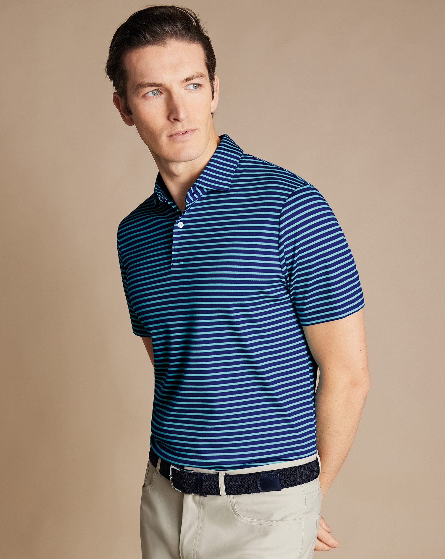 Men's Charles Tyrwhitt Smart Jersey Stripe Polo Shirt - Aqua Green Size Small Cotton
